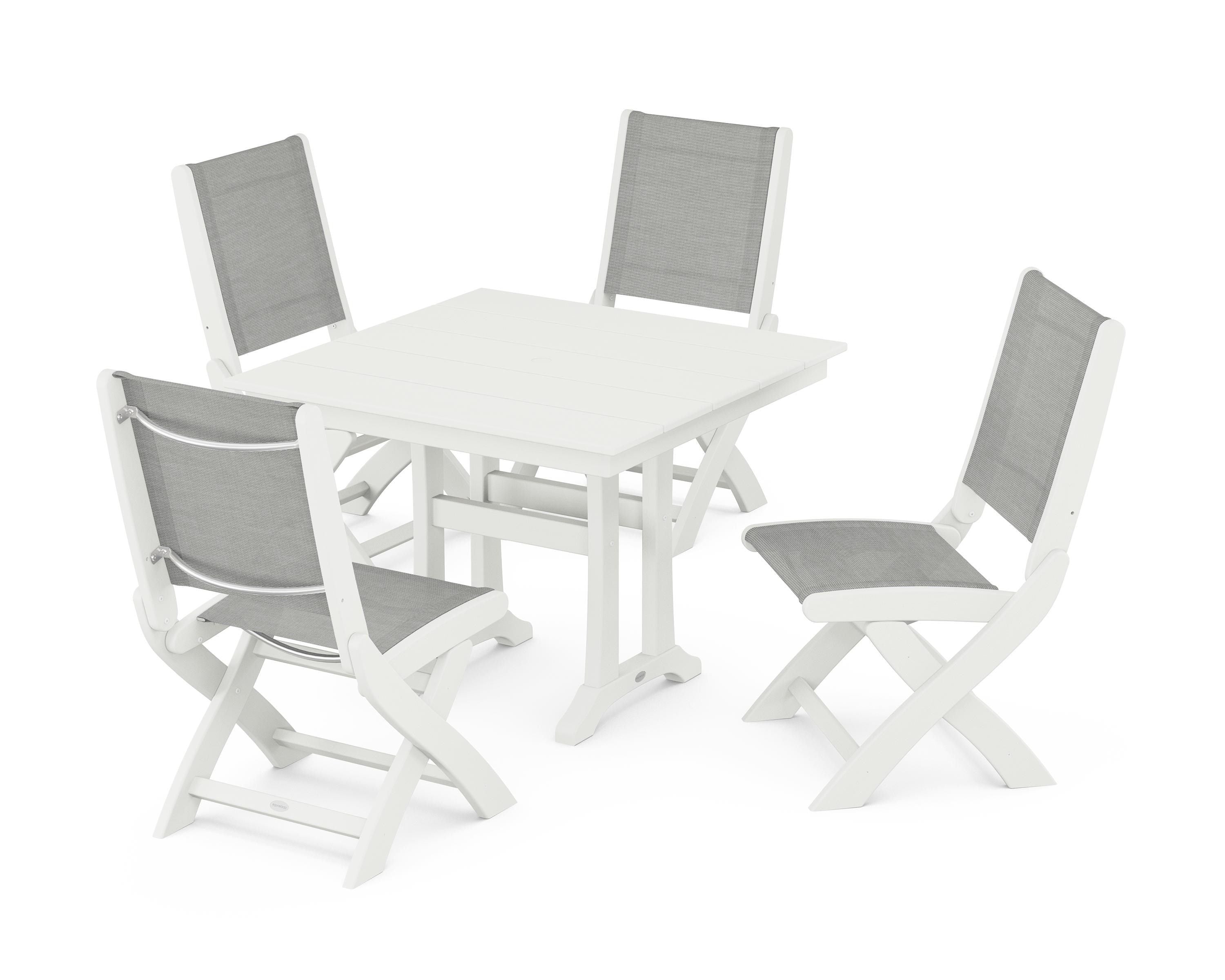 POLYWOOD Coastal Folding Side Chair 5-Piece Farmhouse Dining Set With Trestle Legs in Vintage White / Metallic Sling