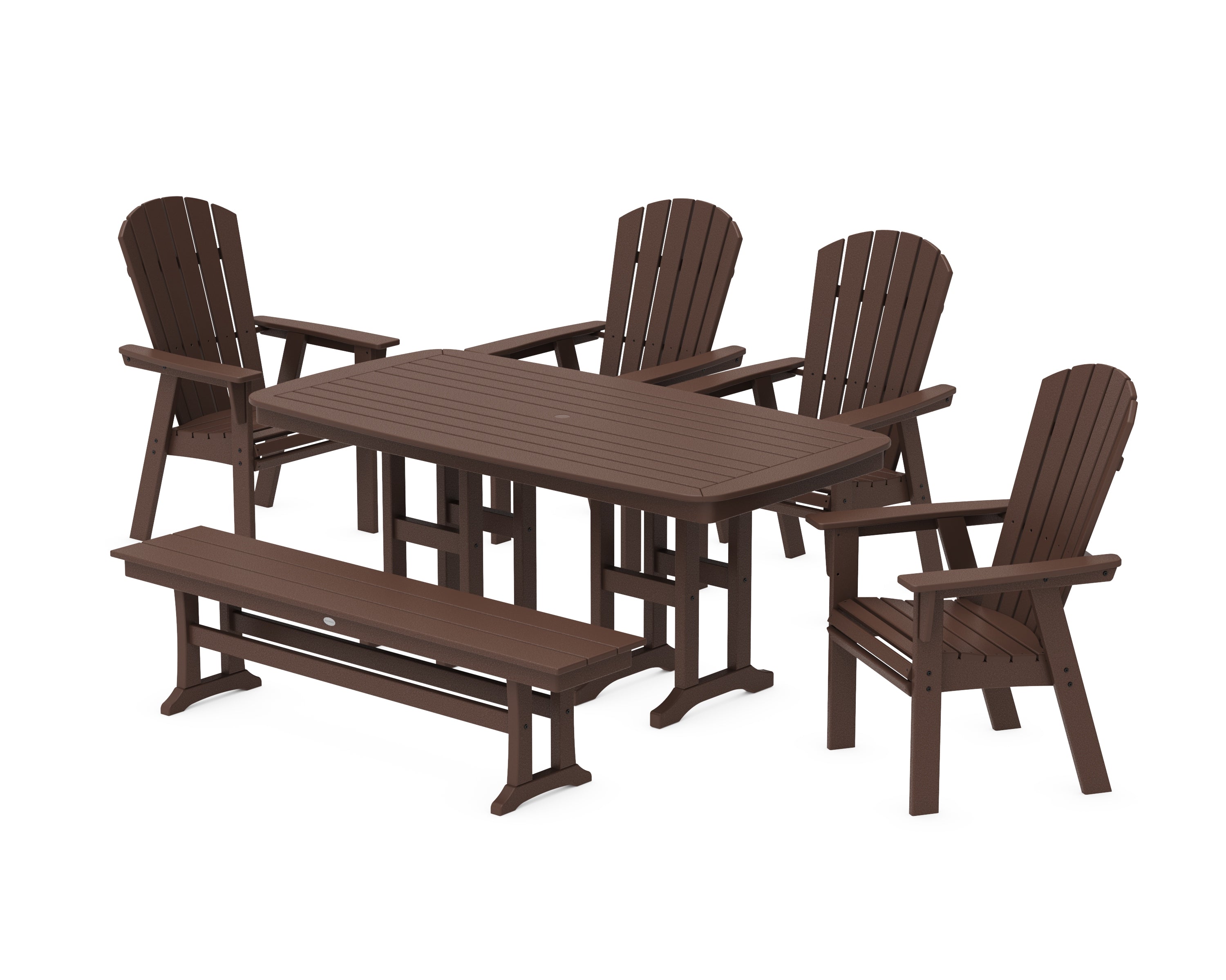 POLYWOOD Nautical Curveback Adirondack 6-Piece Dining Set with Bench in Mahogany