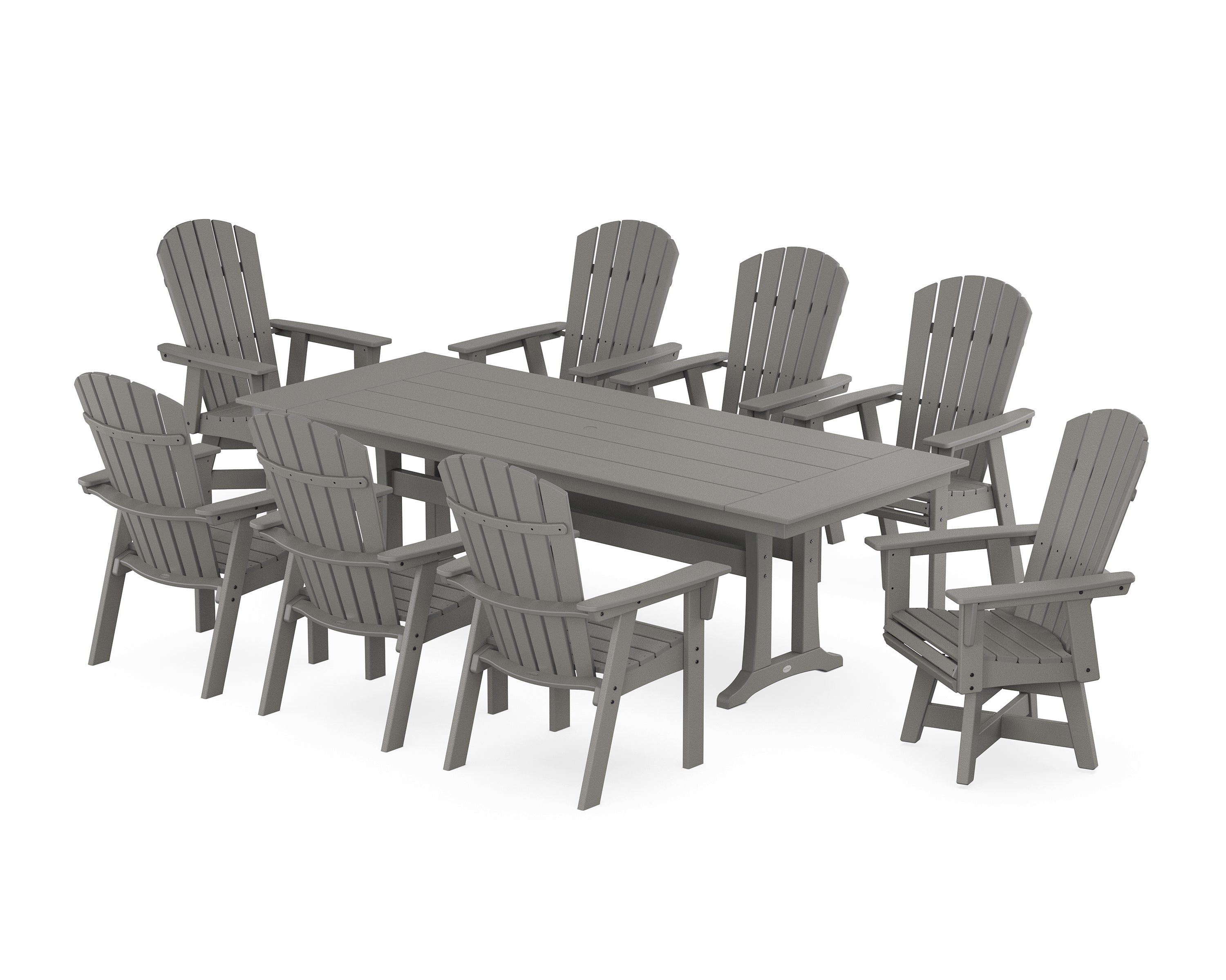 POLYWOOD® Nautical Curveback Adirondack Swivel 9-Piece Farmhouse Dining Set with Trestle Legs in Slate Grey