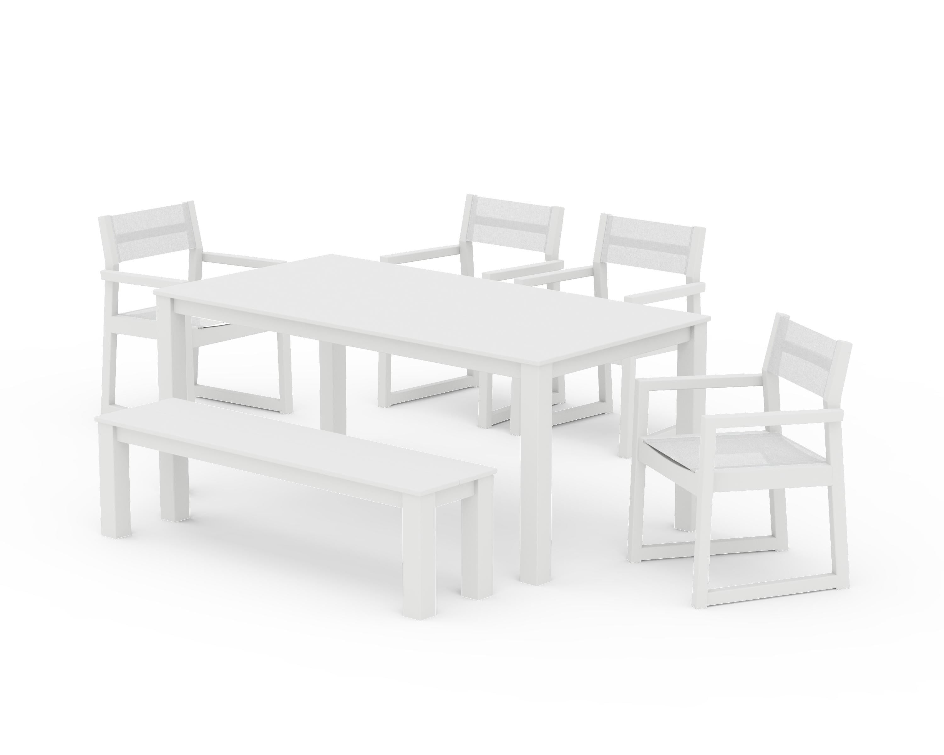 POLYWOOD EDGE Sling Arm Chair 6-Piece Parsons Dining Set with Bench in White / White Sling
