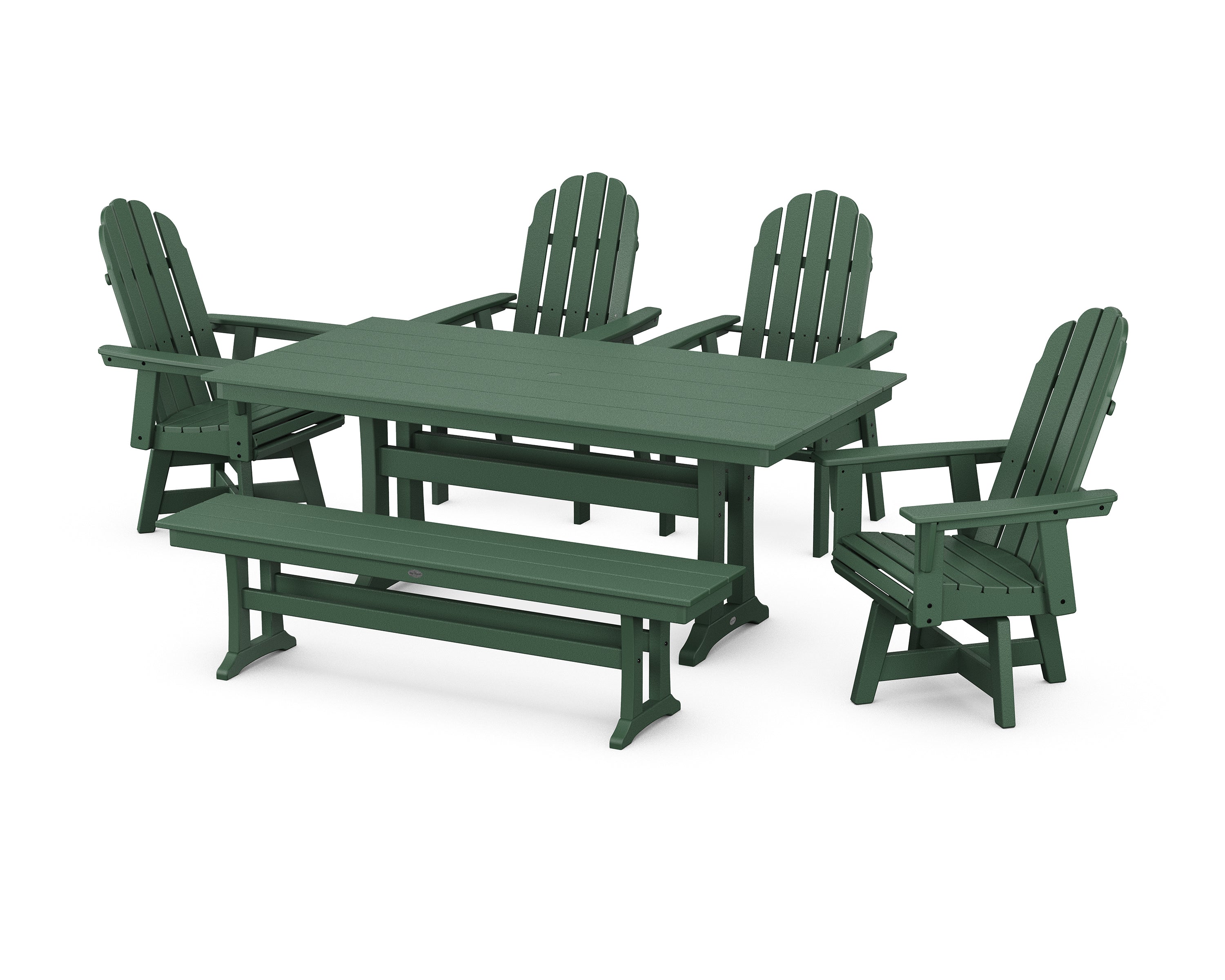 POLYWOOD® Vineyard Curveback Adirondack 6-Piece Swivel Chair Farmhouse Dining Set with Trestle Legs and Bench in Green