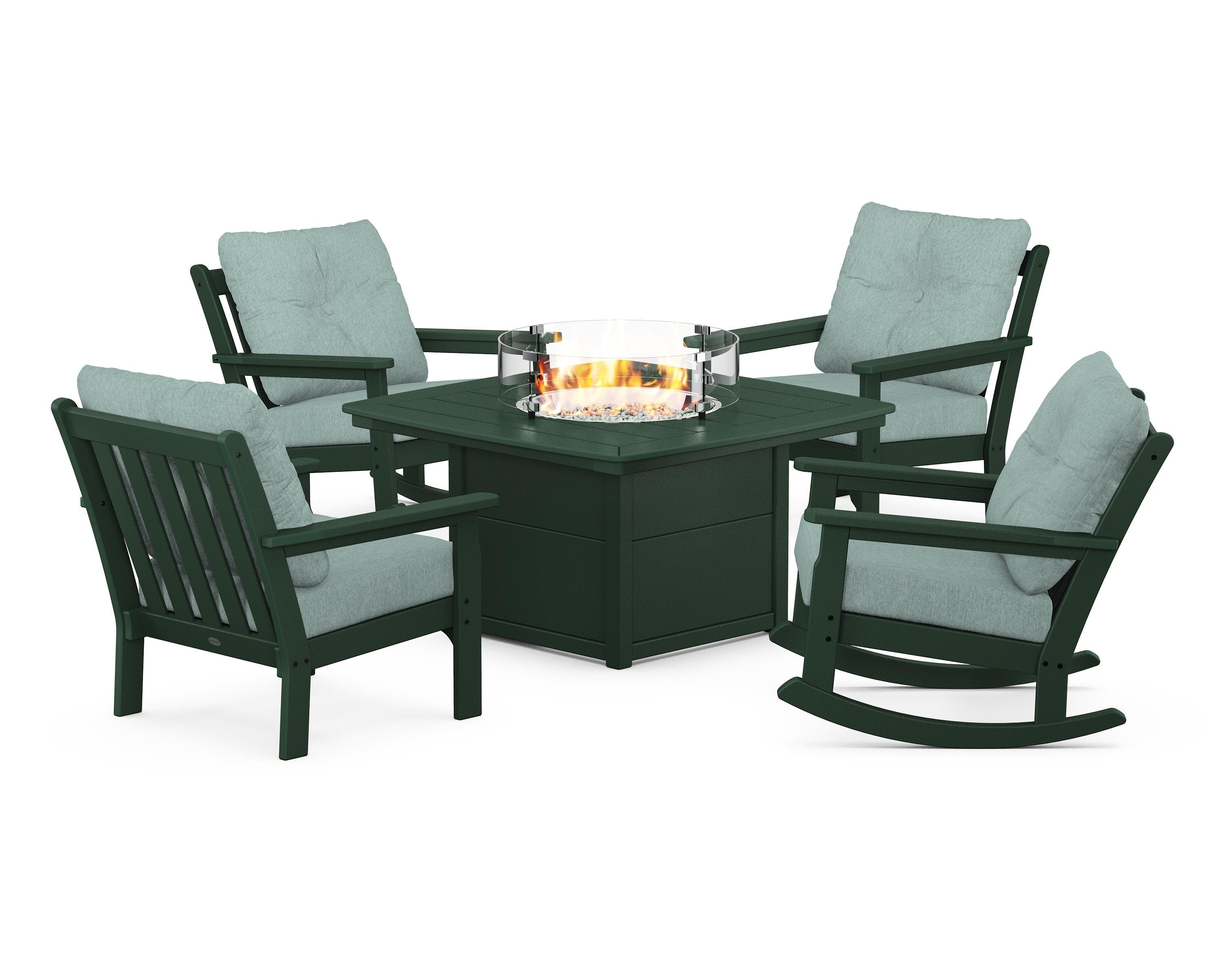 POLYWOOD Vineyard 5-Piece Deep Seating Rocking Chair Conversation Set with Fire Pit Table in Green / Glacier Spa