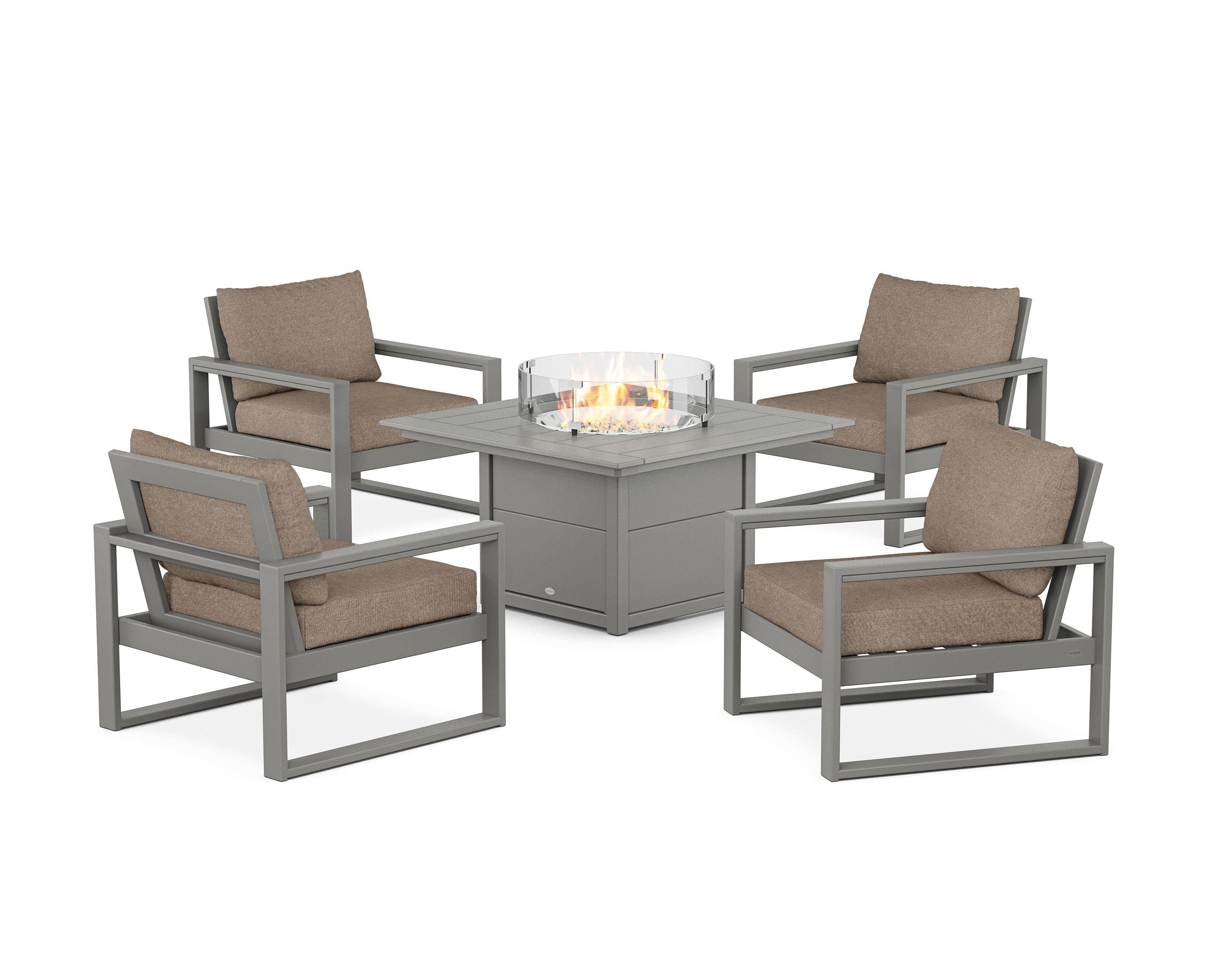 POLYWOOD EDGE Sectional 5-Piece Deep Seating Set with Fire Pit Table in Slate Grey / Spiced Burlap