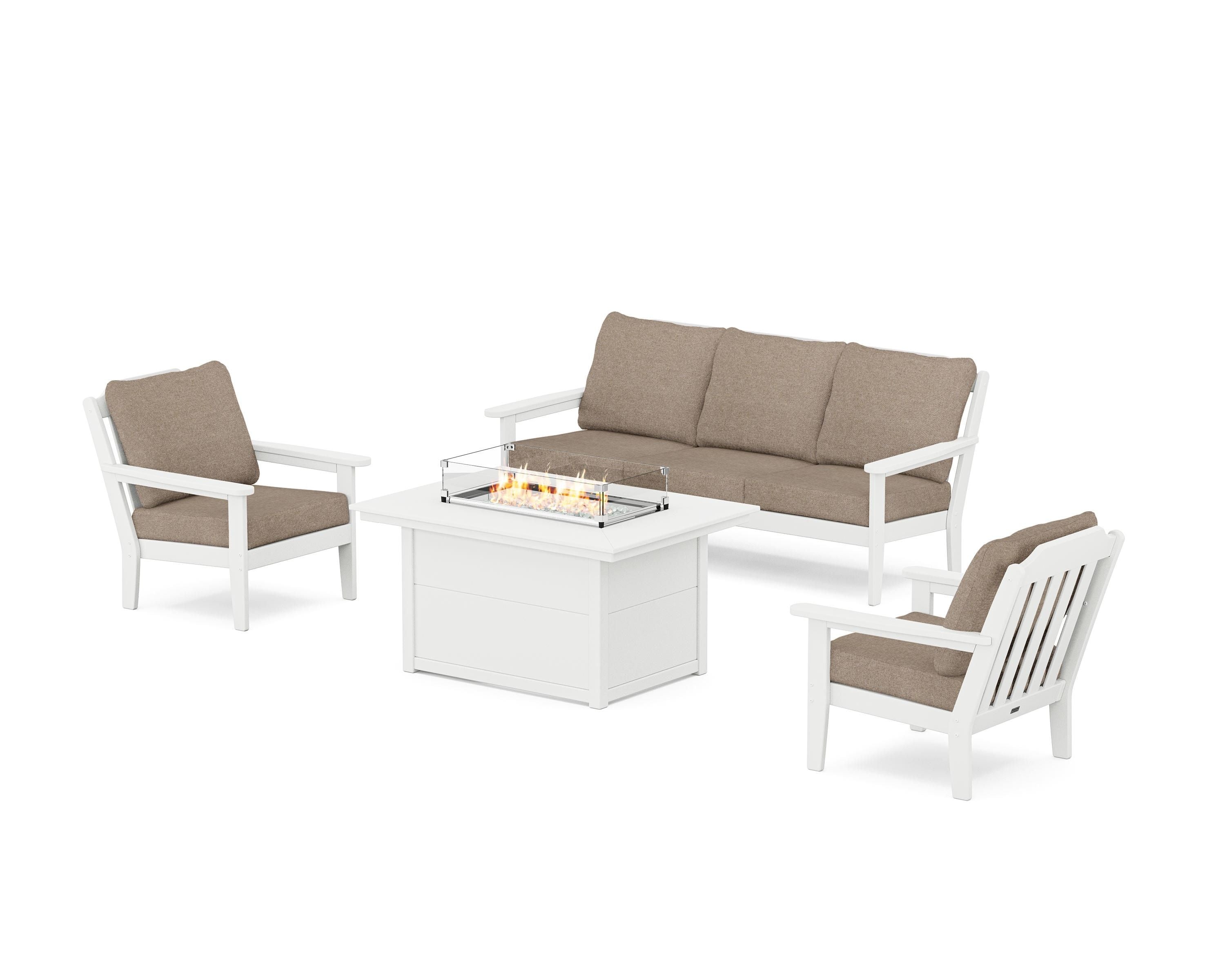Country Living Cottage Deep Seating Fire Pit Table Set in White / Spiced Burlap