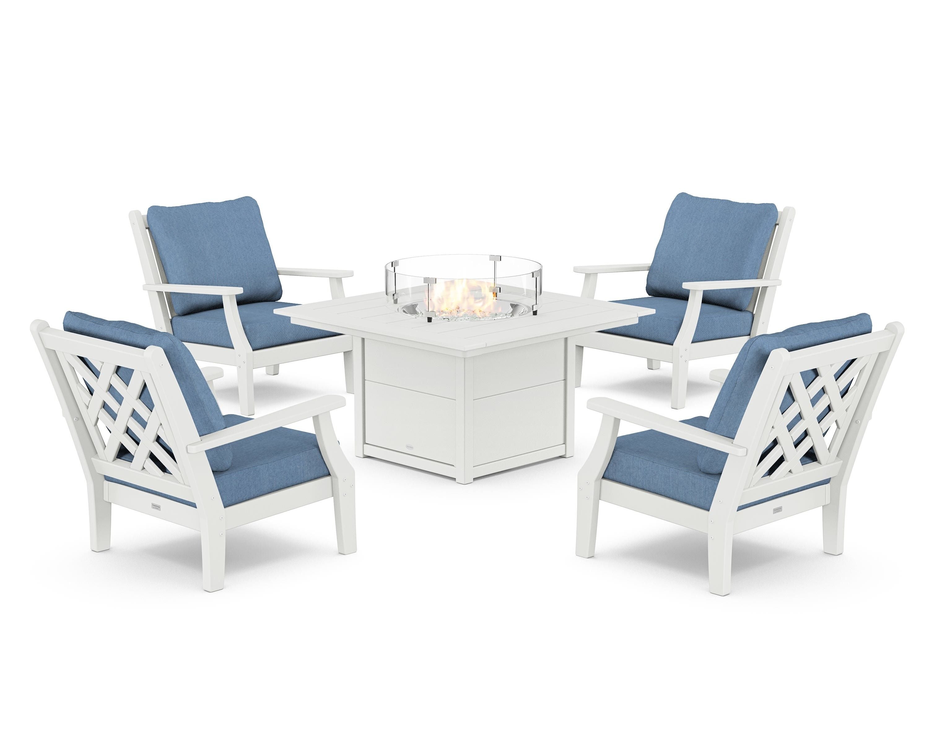 Country Living Wovendale 5-Piece Deep Seating Set with Fire Pit Table in White / Sky Blue