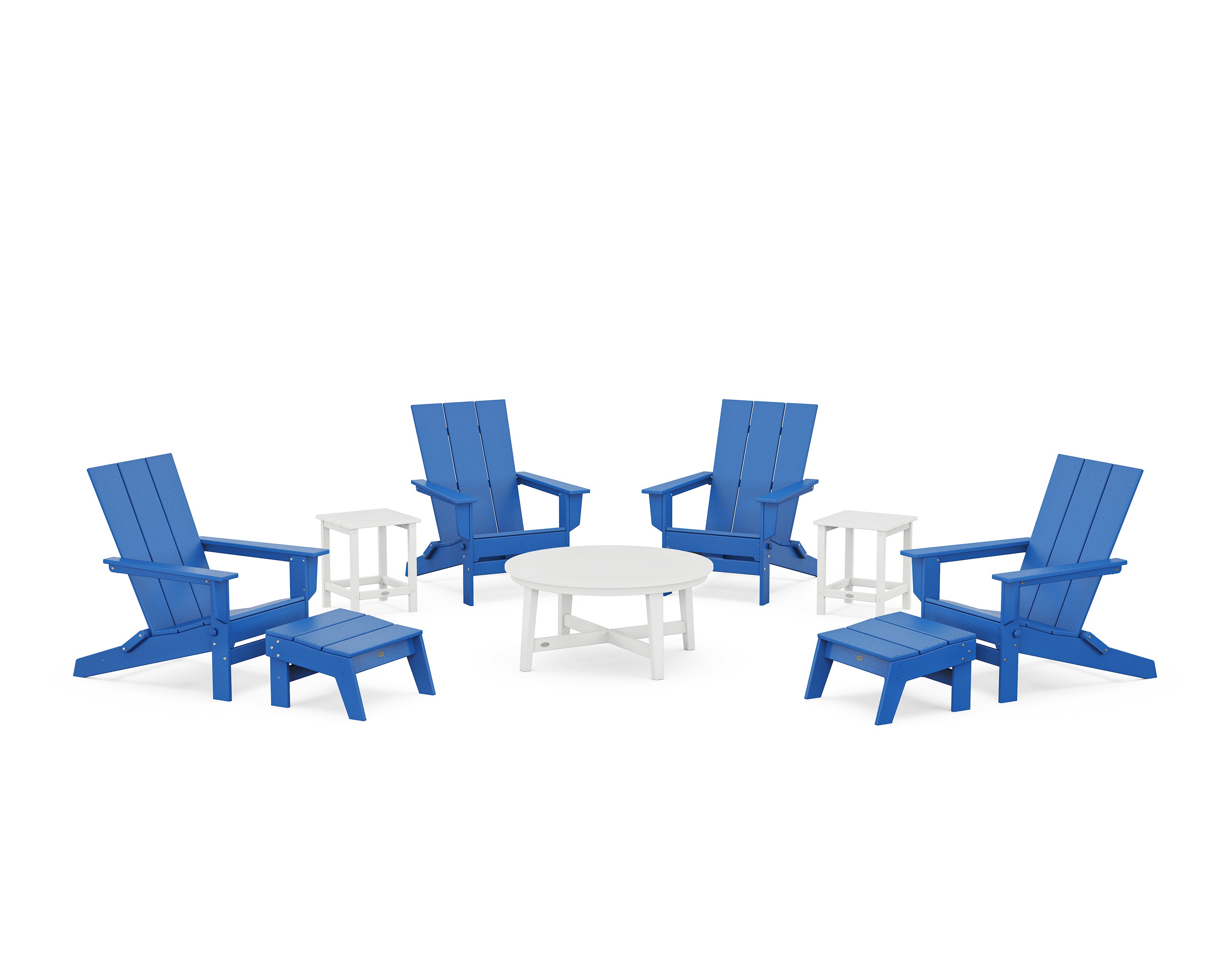 POLYWOOD Modern Studio Folding Adirondack 9-Piece Conversation Set in Pacific Blue / White