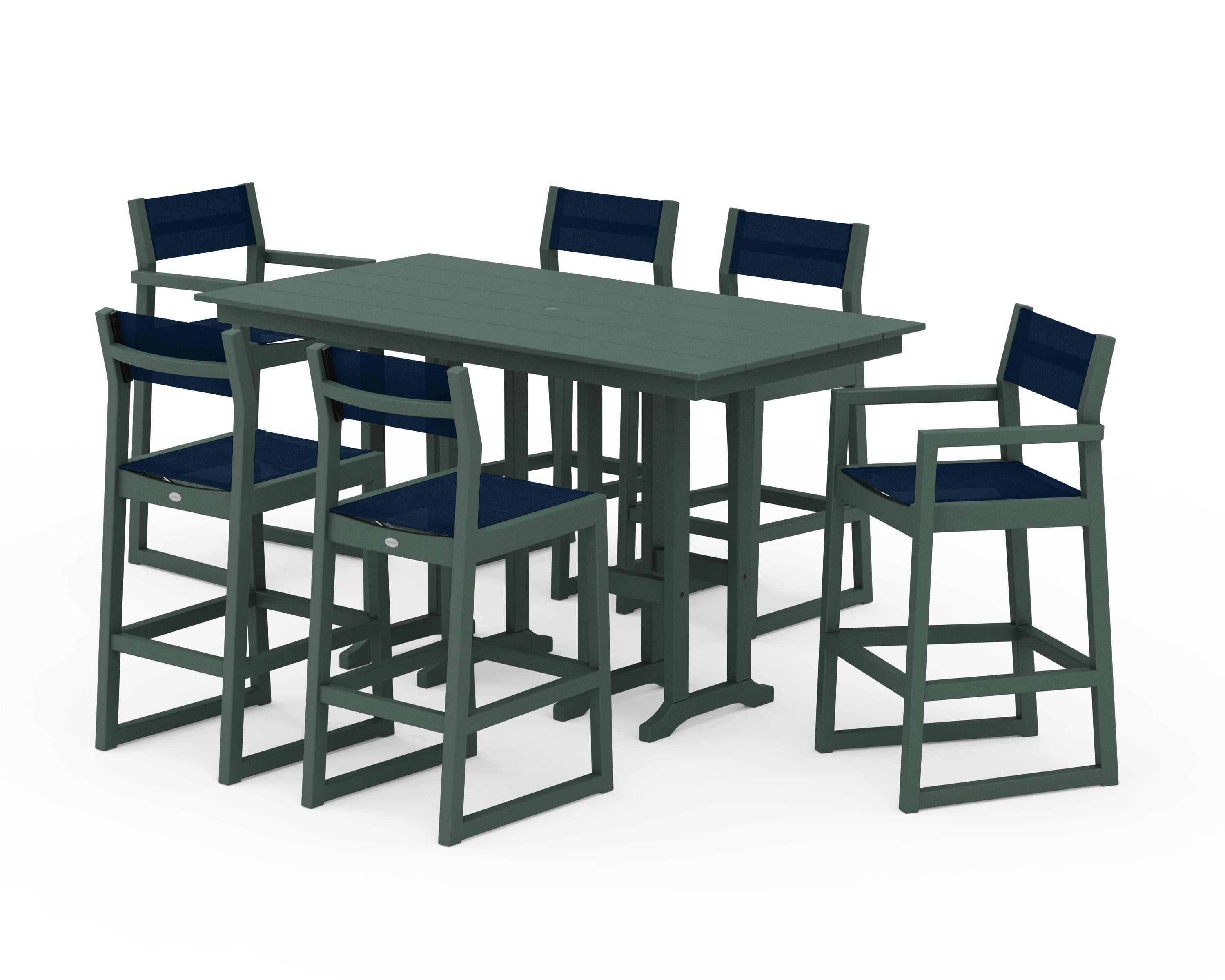 POLYWOOD EDGE Sling 7-Piece Farmhouse Bar Set in Green / Navy Blue Sling