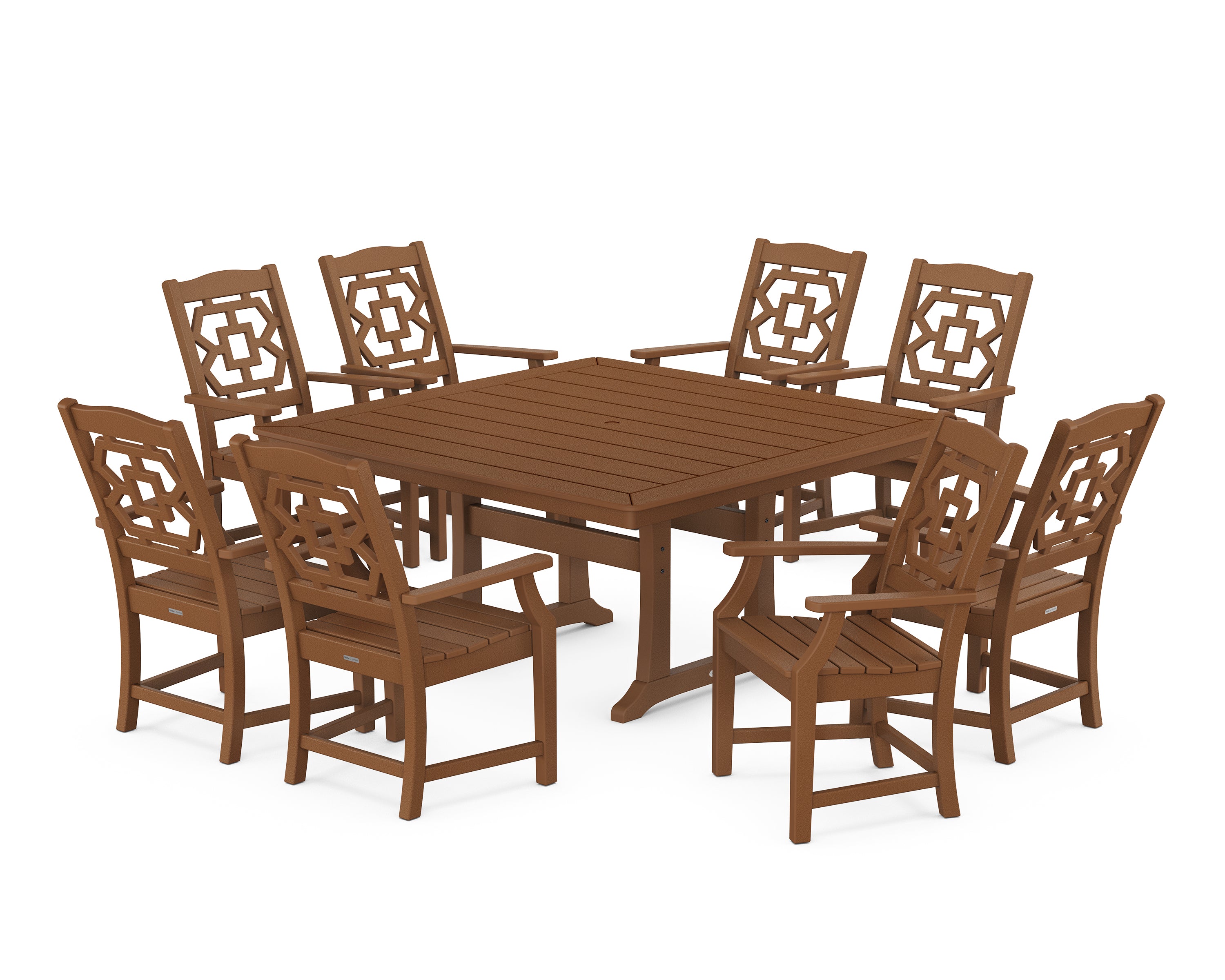 Martha Stewart by POLYWOOD Chinoiserie 9-Piece Square Dining Set with Trestle Legs in Teak