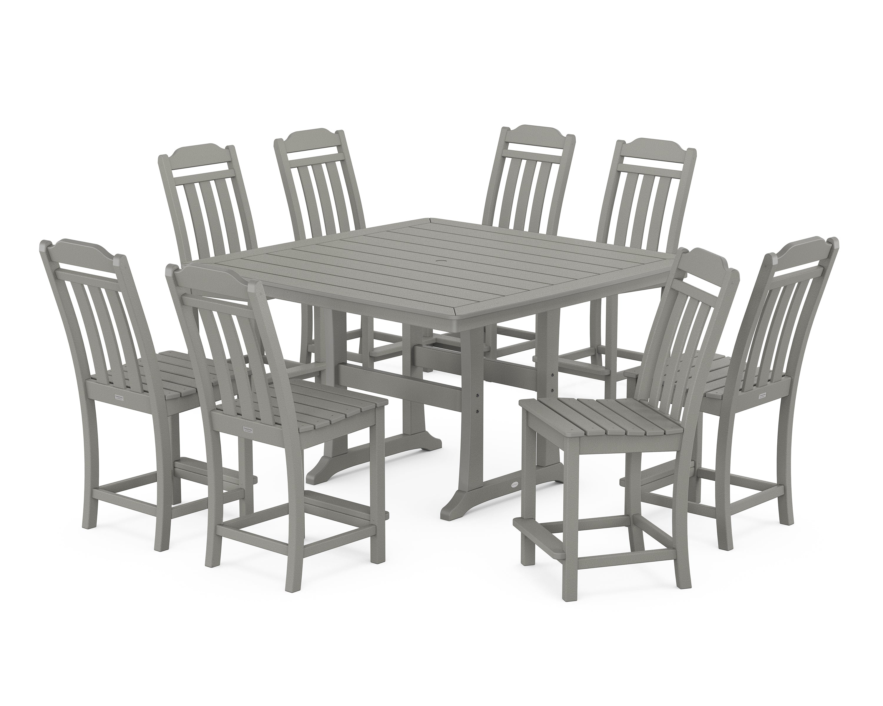 POLYWOOD Country Living 9-Piece Square Side Chair Counter Set with Trestle Legs in Slate Grey