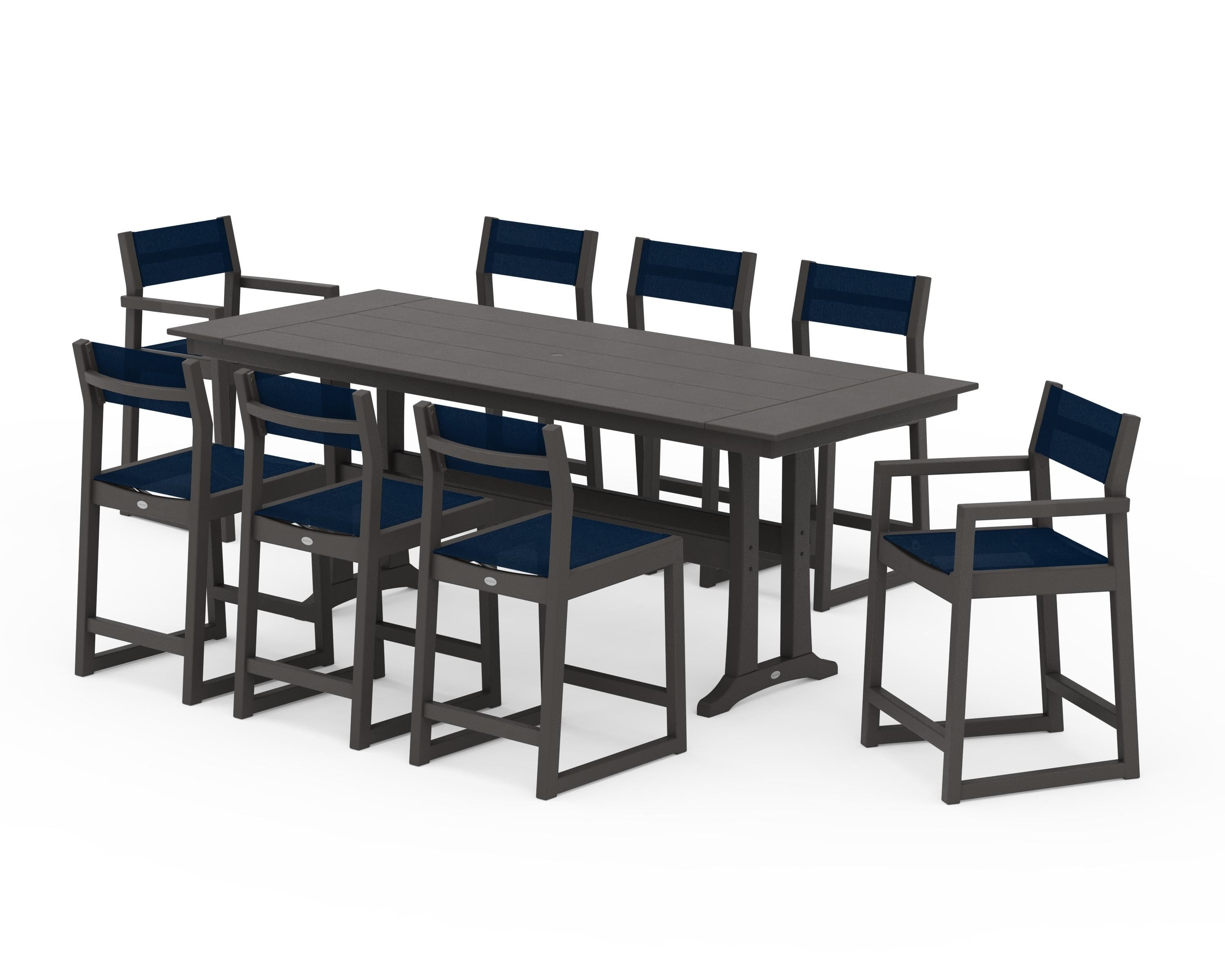 POLYWOOD EDGE Sling 9-Piece Farmhouse Counter Set with Trestle Legs in Vintage Coffee / Navy Blue Sling