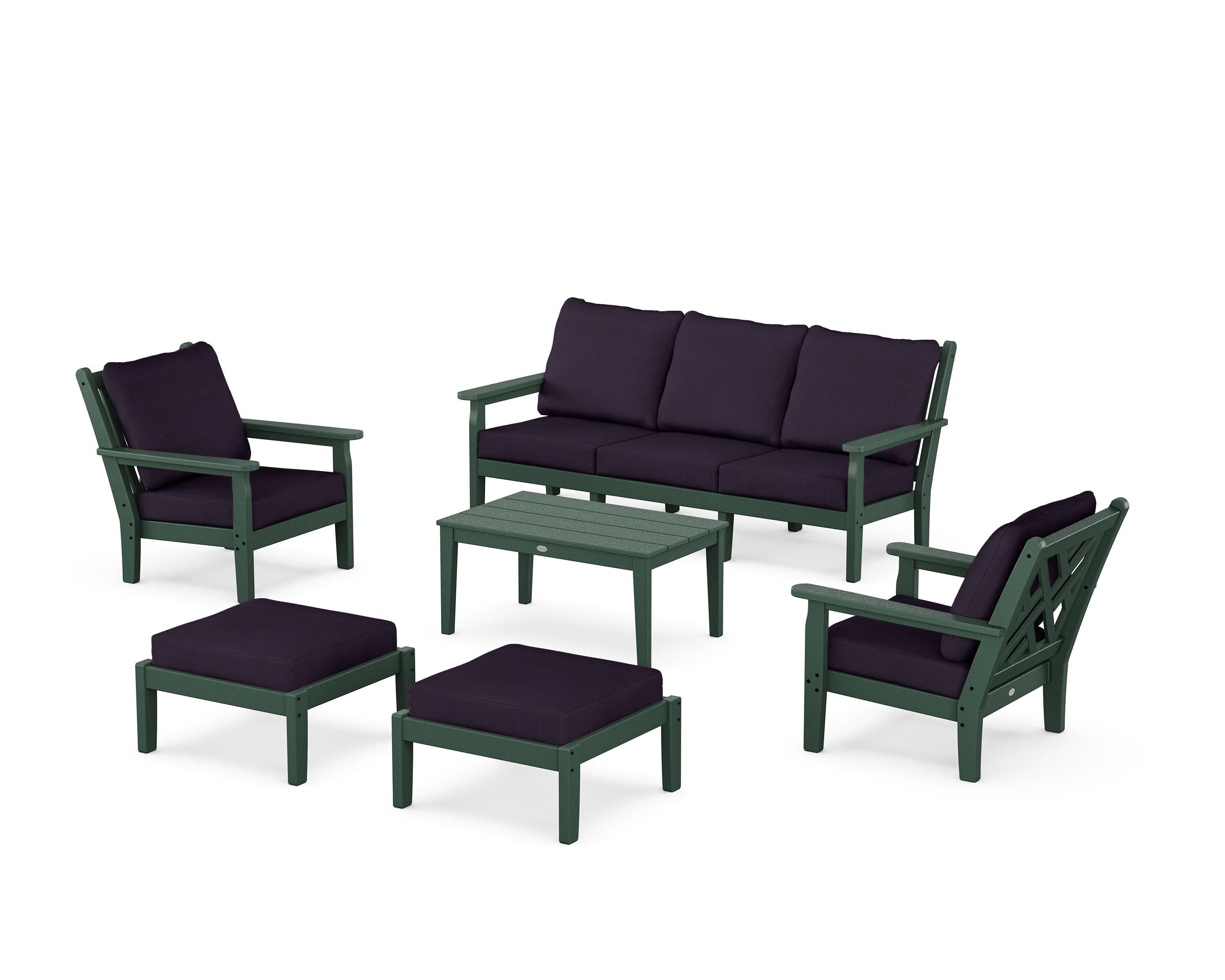 POLYWOOD Chippendale 6-Piece Lounge Sofa Set in Green / Navy Linen