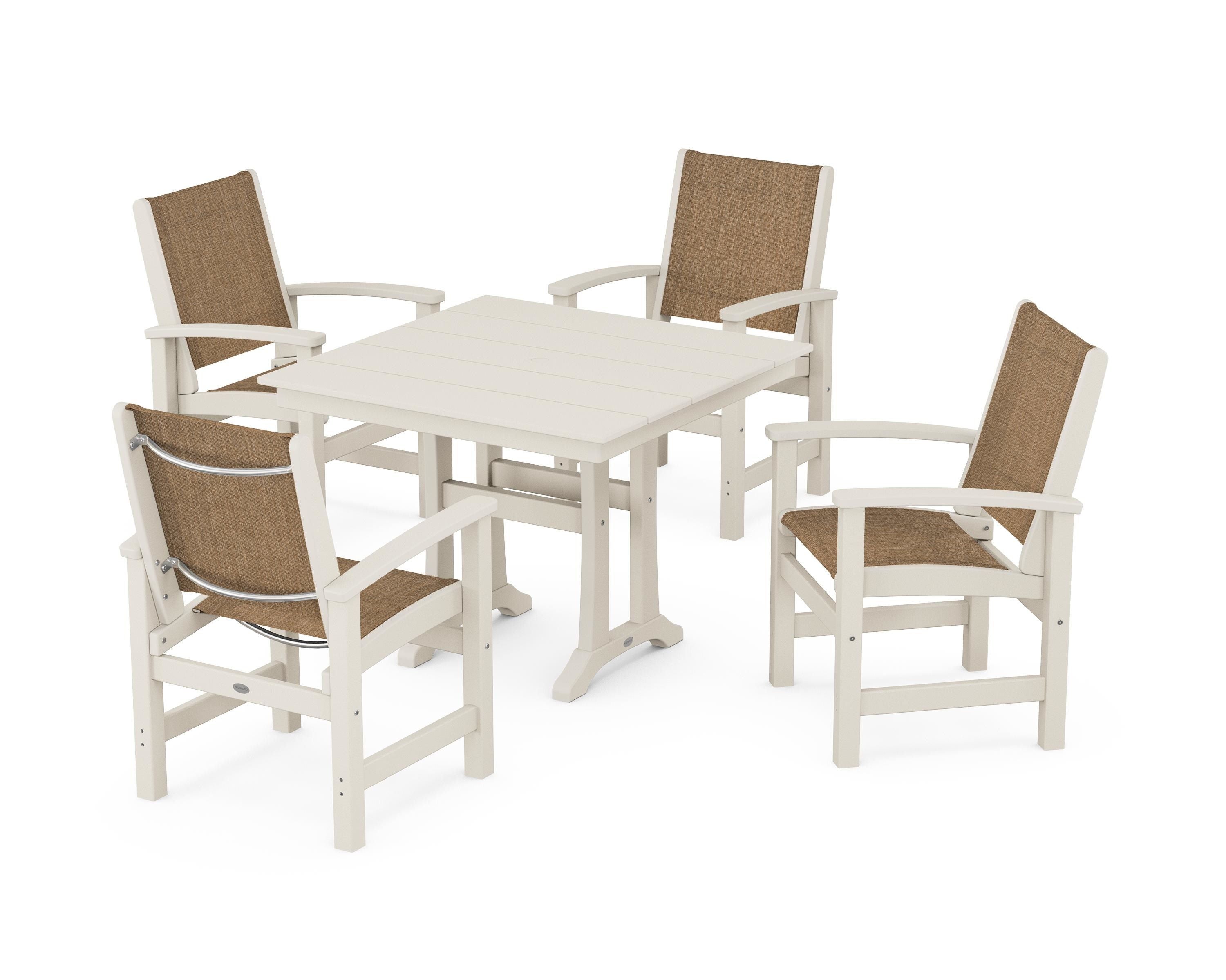 POLYWOOD Coastal 5-Piece Farmhouse Dining Set With Trestle Legs in Sand / Burlap Sling