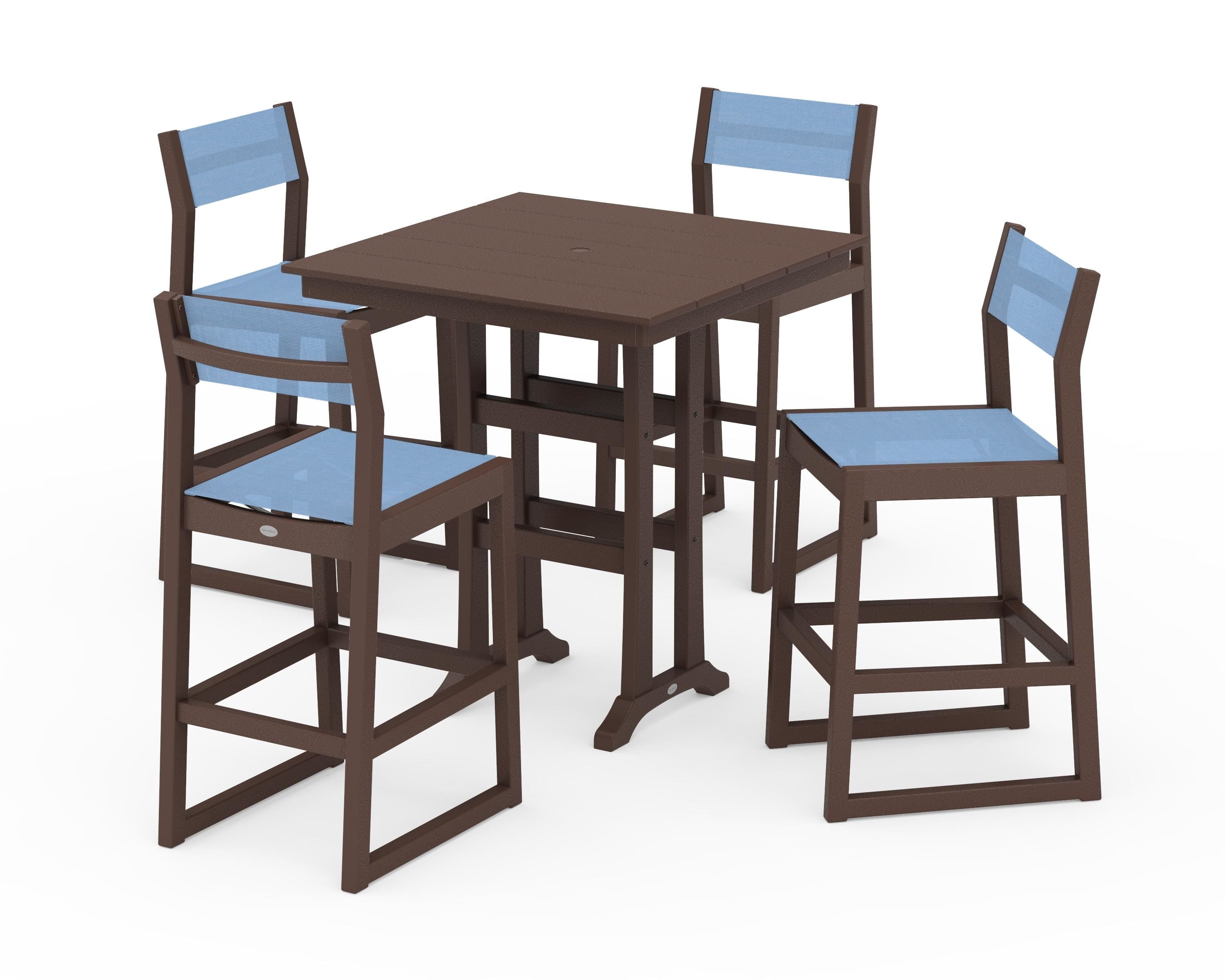 POLYWOOD EDGE Sling Arm Chair 5-Piece Farmhouse Bar Set with Trestle Legs in Mahogany / Poolside Sling