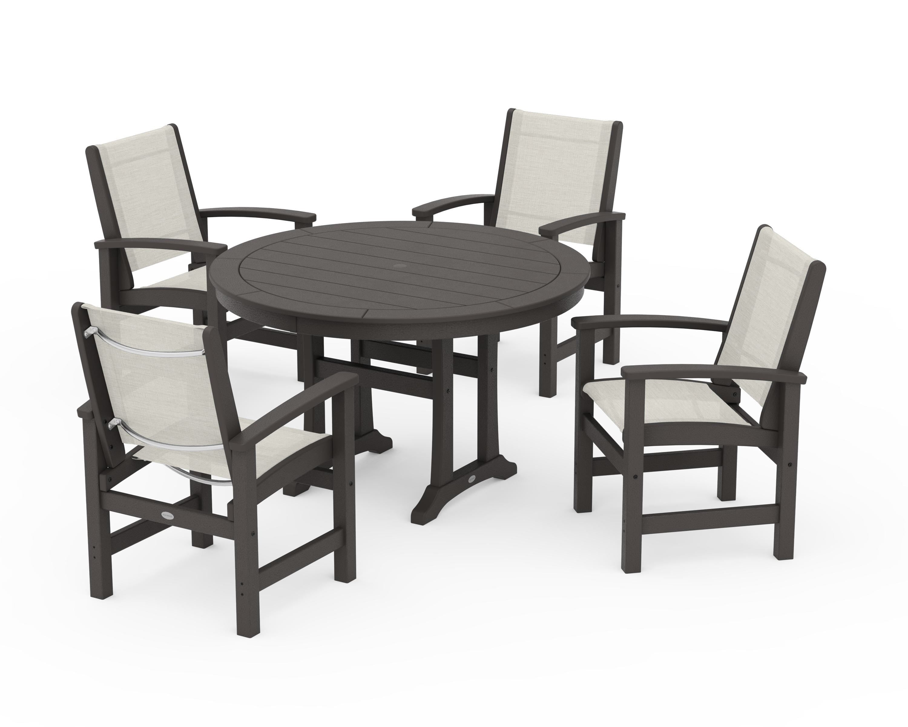 POLYWOOD Coastal 5-Piece Round Dining Set with Trestle Legs in Vintage Coffee / Parchment Sling