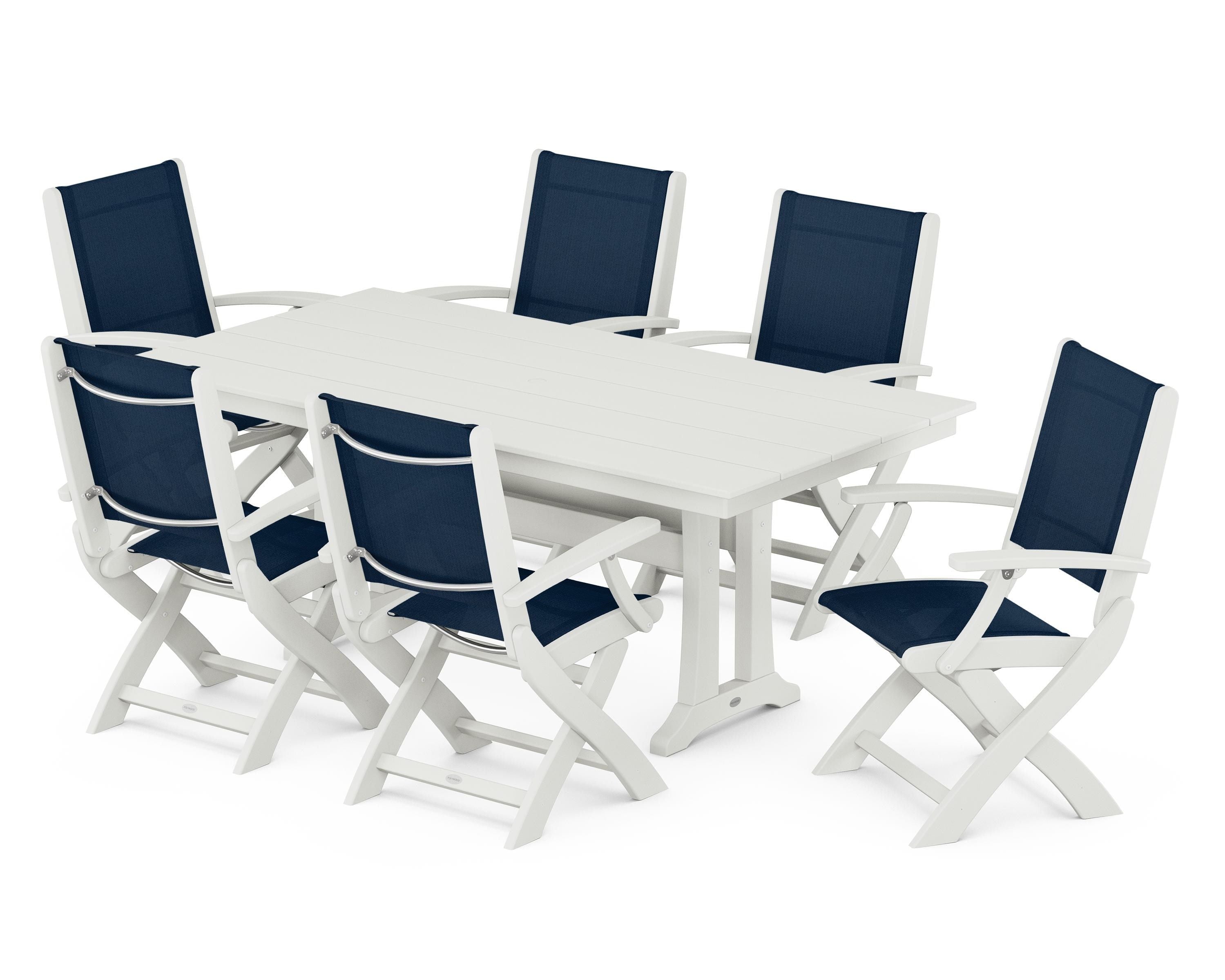 POLYWOOD Coastal Folding Arm Chair 7-Piece Farmhouse Dining Set with Trestle Legs in Vintage White / Navy Blue Sling