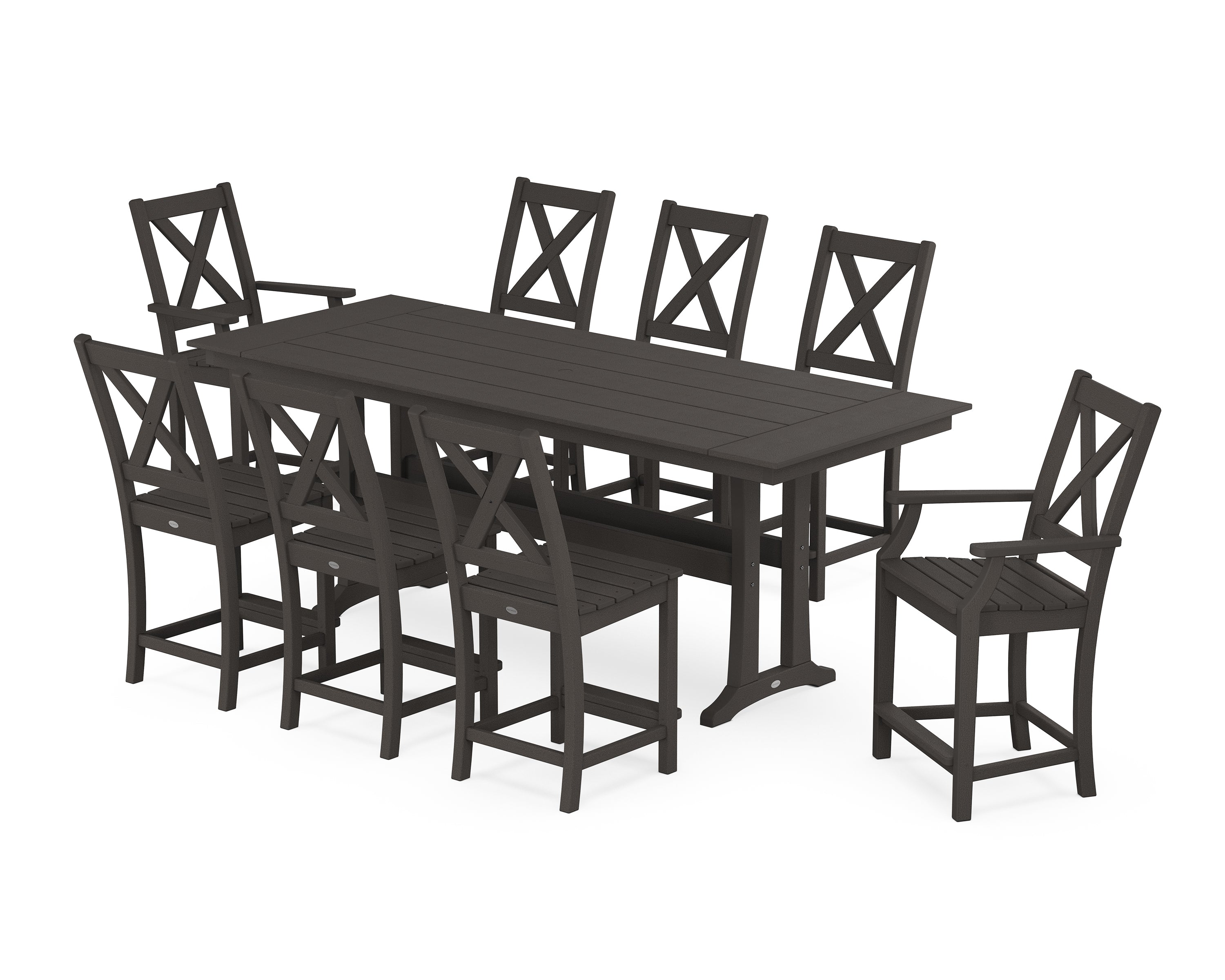 POLYWOOD Braxton 9-Piece Farmhouse Counter Set with Trestle Legs in Vintage Coffee