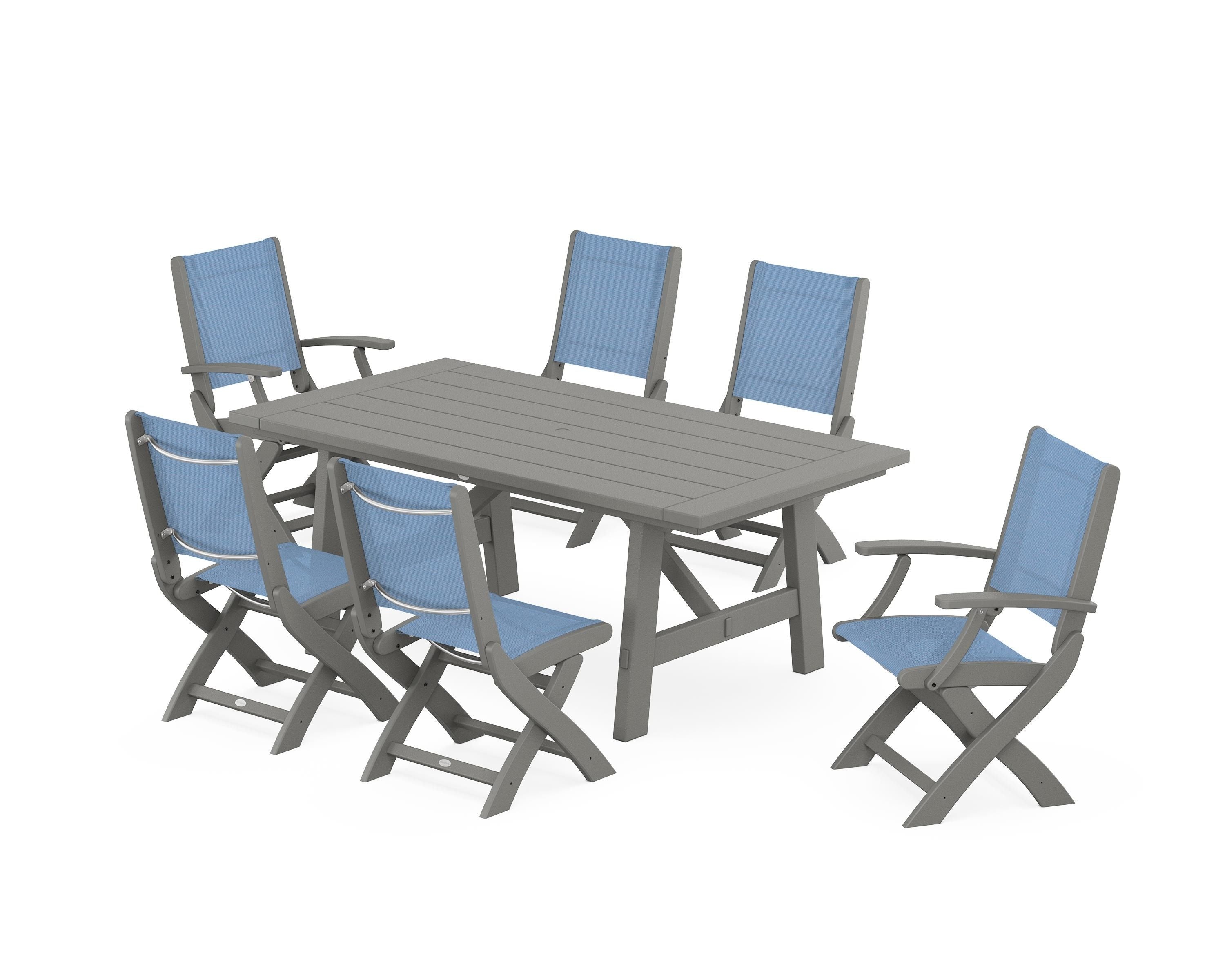 POLYWOOD Coastal Folding Chair 7-Piece Rustic Farmhouse Dining Set in Slate Grey / Poolside Sling