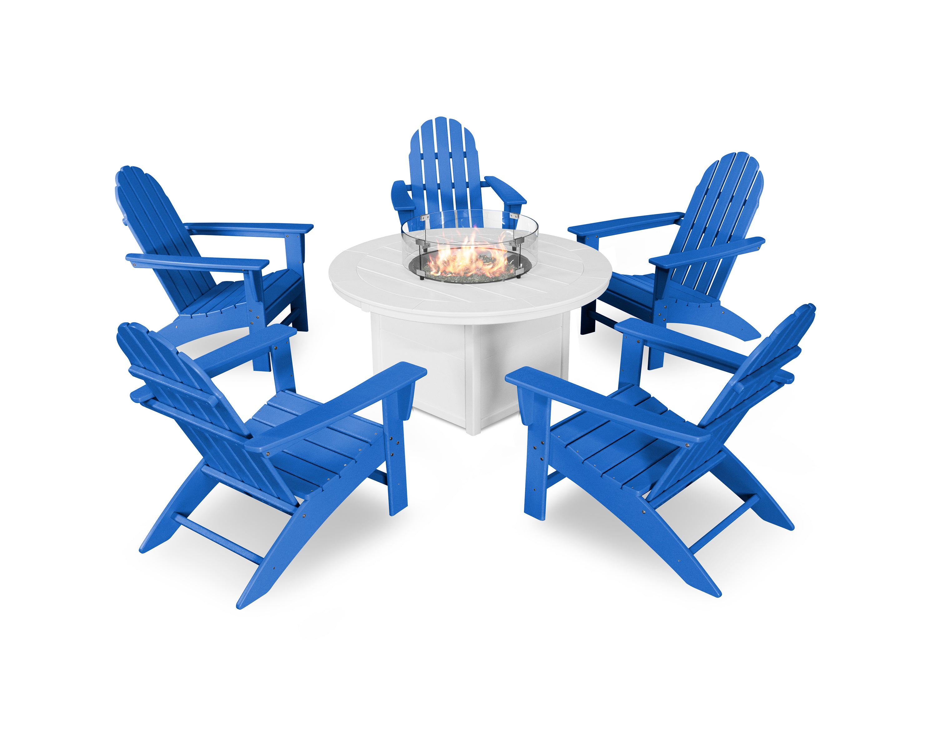POLYWOOD® Vineyard Adirondack 6-Piece Chat Set with Fire Pit Table in Pacific Blue / White