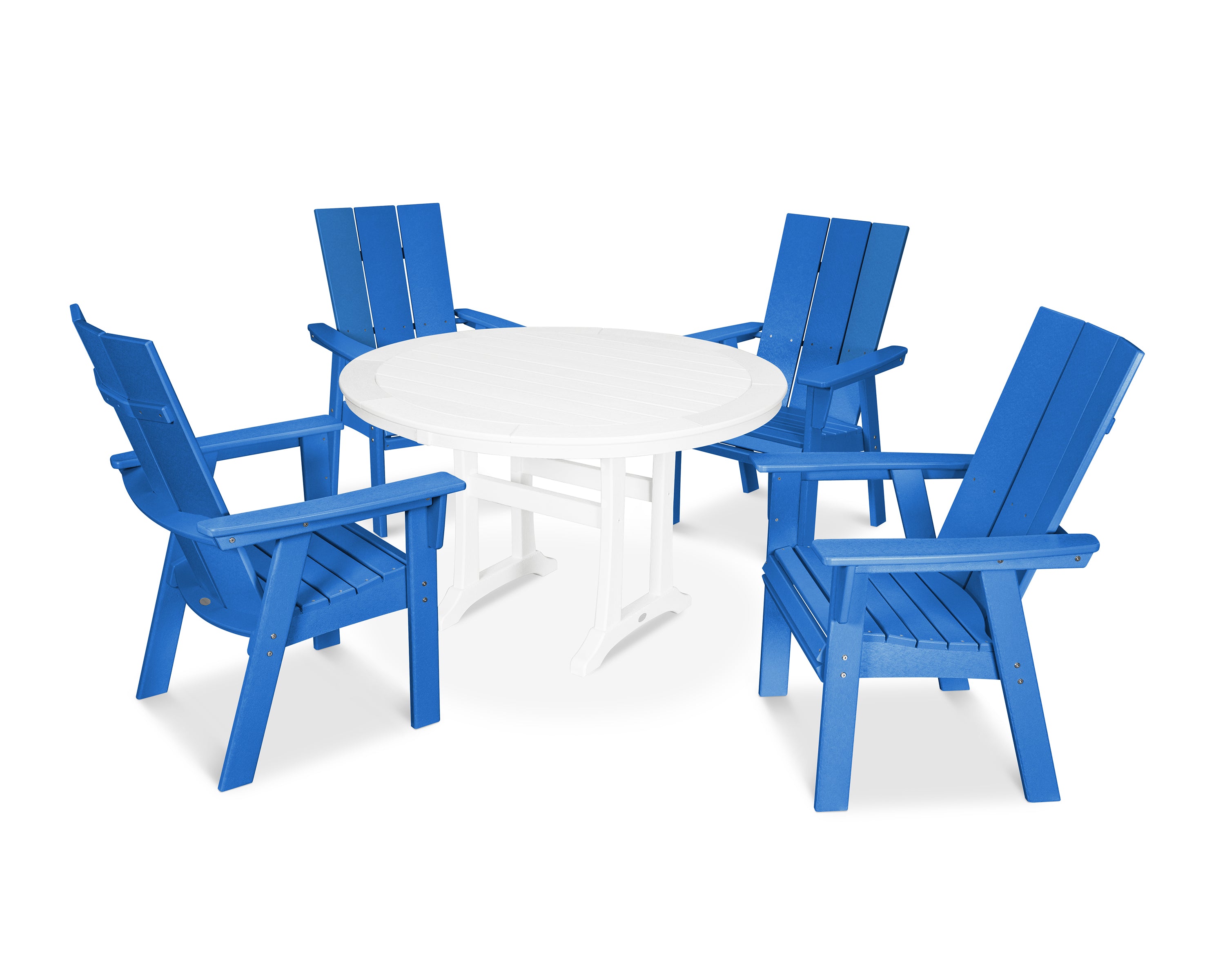 POLYWOOD® Modern Curveback Adirondack 5-Piece Nautical Trestle Dining Set in Pacific Blue / White