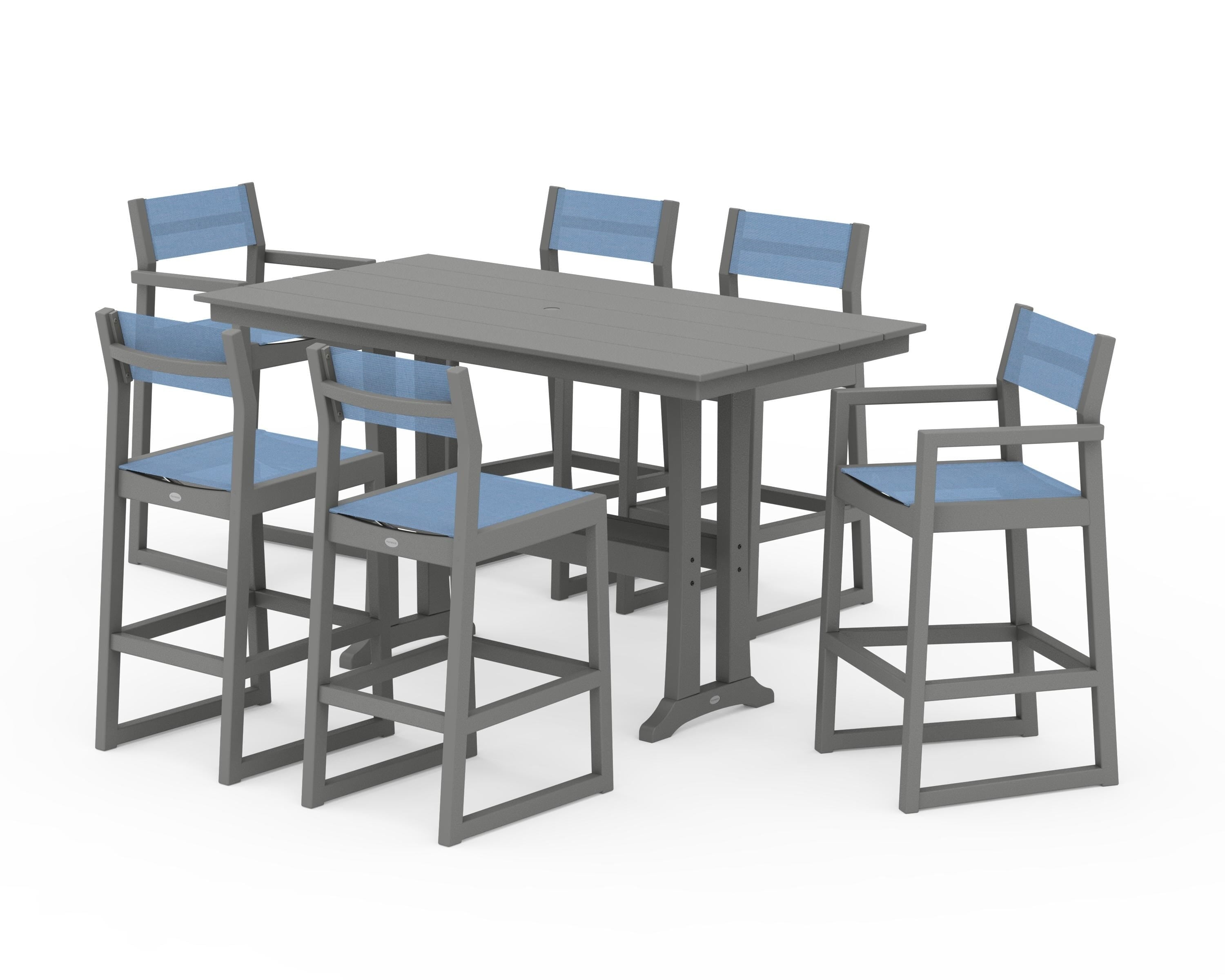 POLYWOOD EDGE Sling 7-Piece Farmhouse Bar Set with Trestle Legs in Slate Grey / Poolside Sling