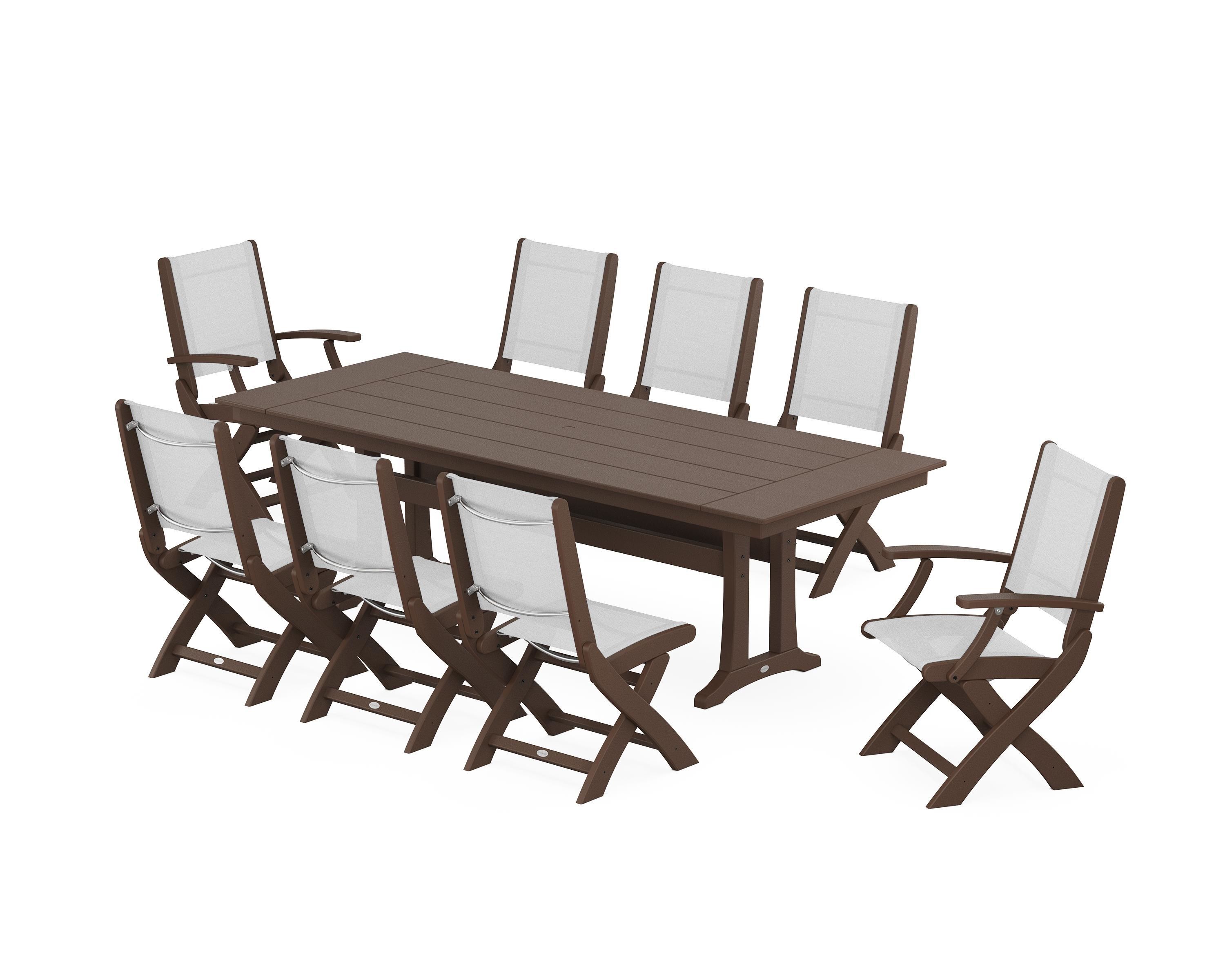 POLYWOOD Coastal 9-Piece Folding Dining Chair Farmhouse Dining Set with Trestle Legs in Mahogany / White Sling