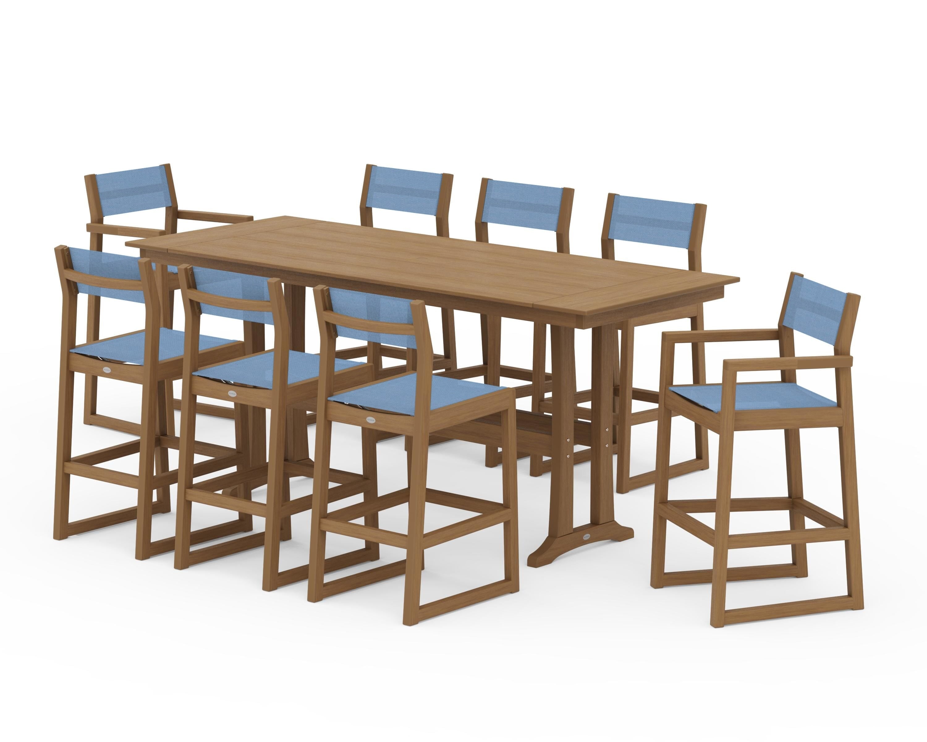 POLYWOOD EDGE Sling 9-Piece Farmhouse Bar Set with Trestle Legs in Natural / Poolside Sling