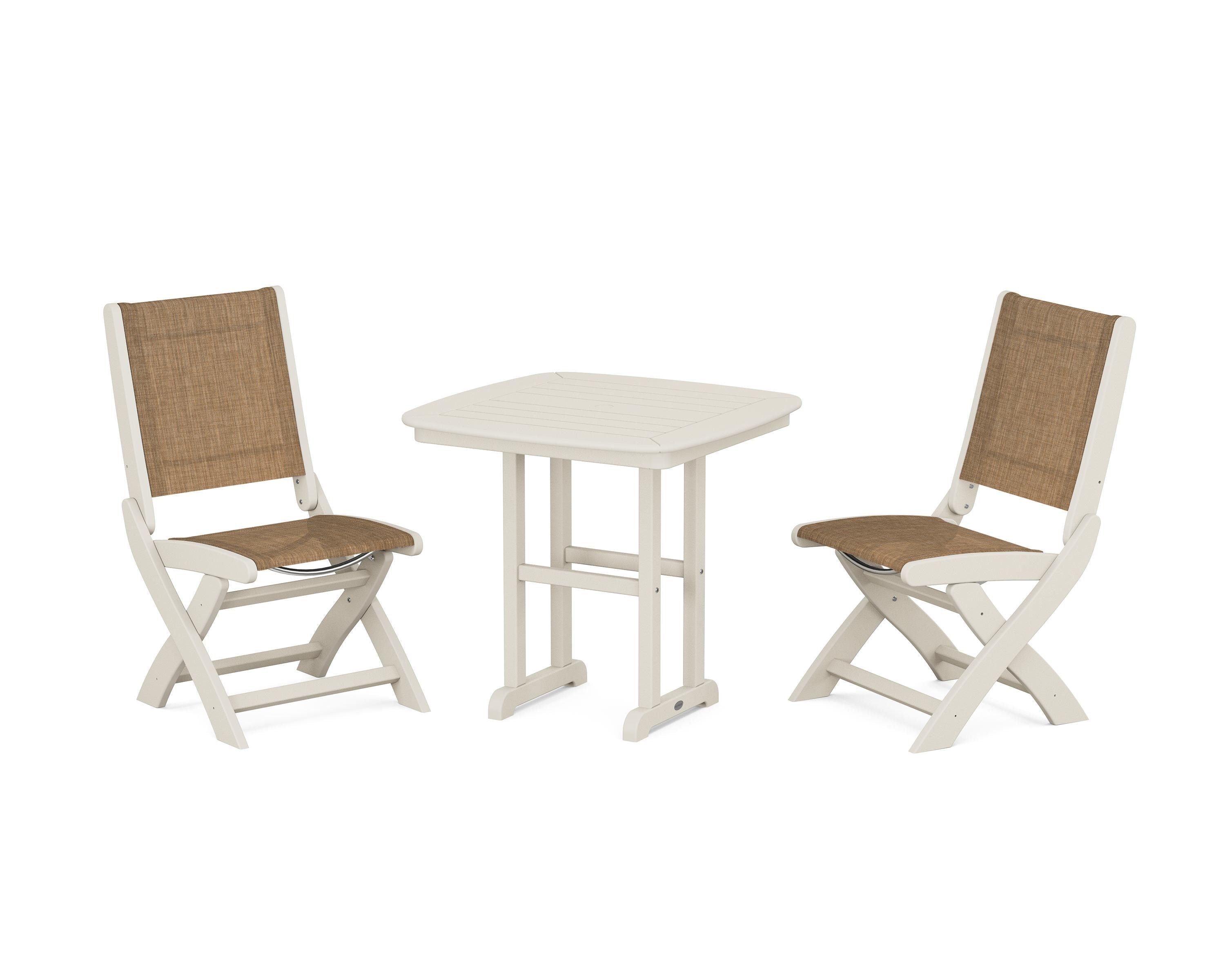 POLYWOOD Coastal Folding Side Chair 3-Piece Dining Set in Sand / Burlap Sling