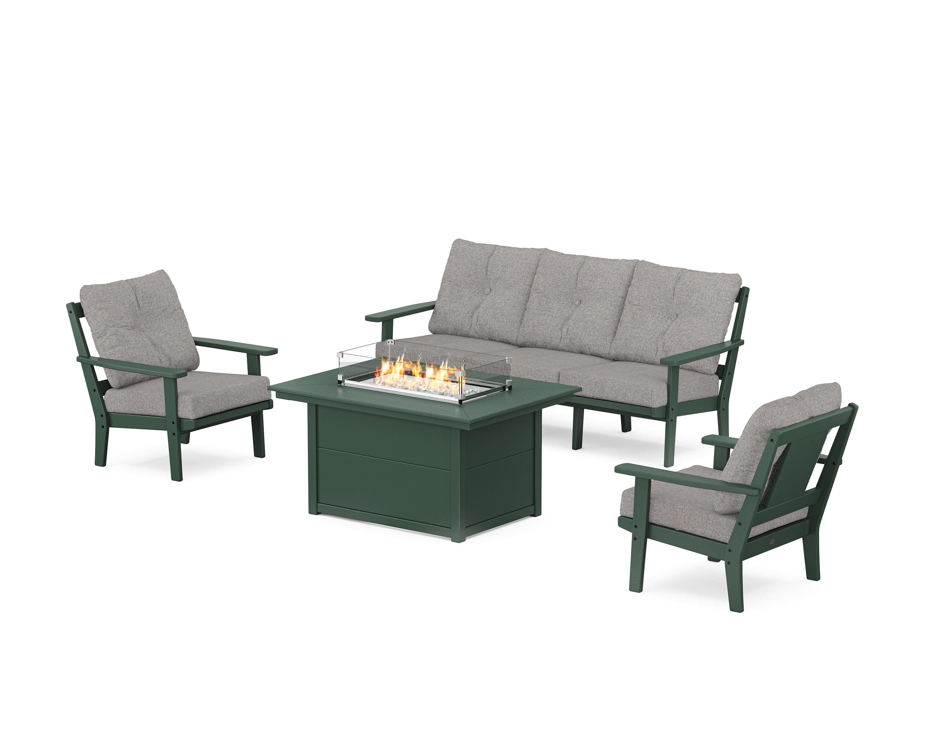 POLYWOOD Prairie Deep Seating Fire Pit Table Set in Green / Grey Mist