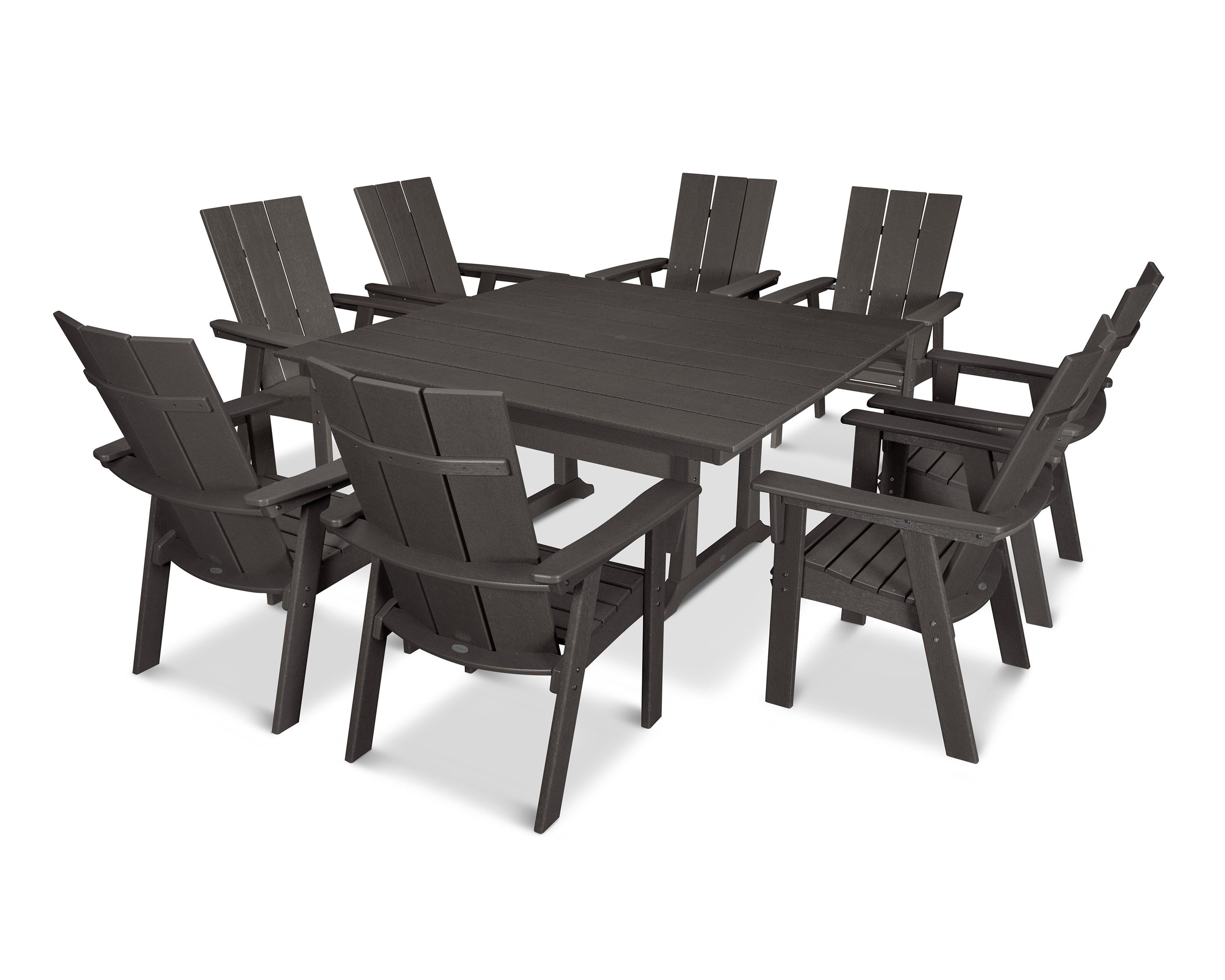POLYWOOD® Modern Curveback Adirondack 9-Piece Farmhouse Trestle Dining Set in Vintage Coffee