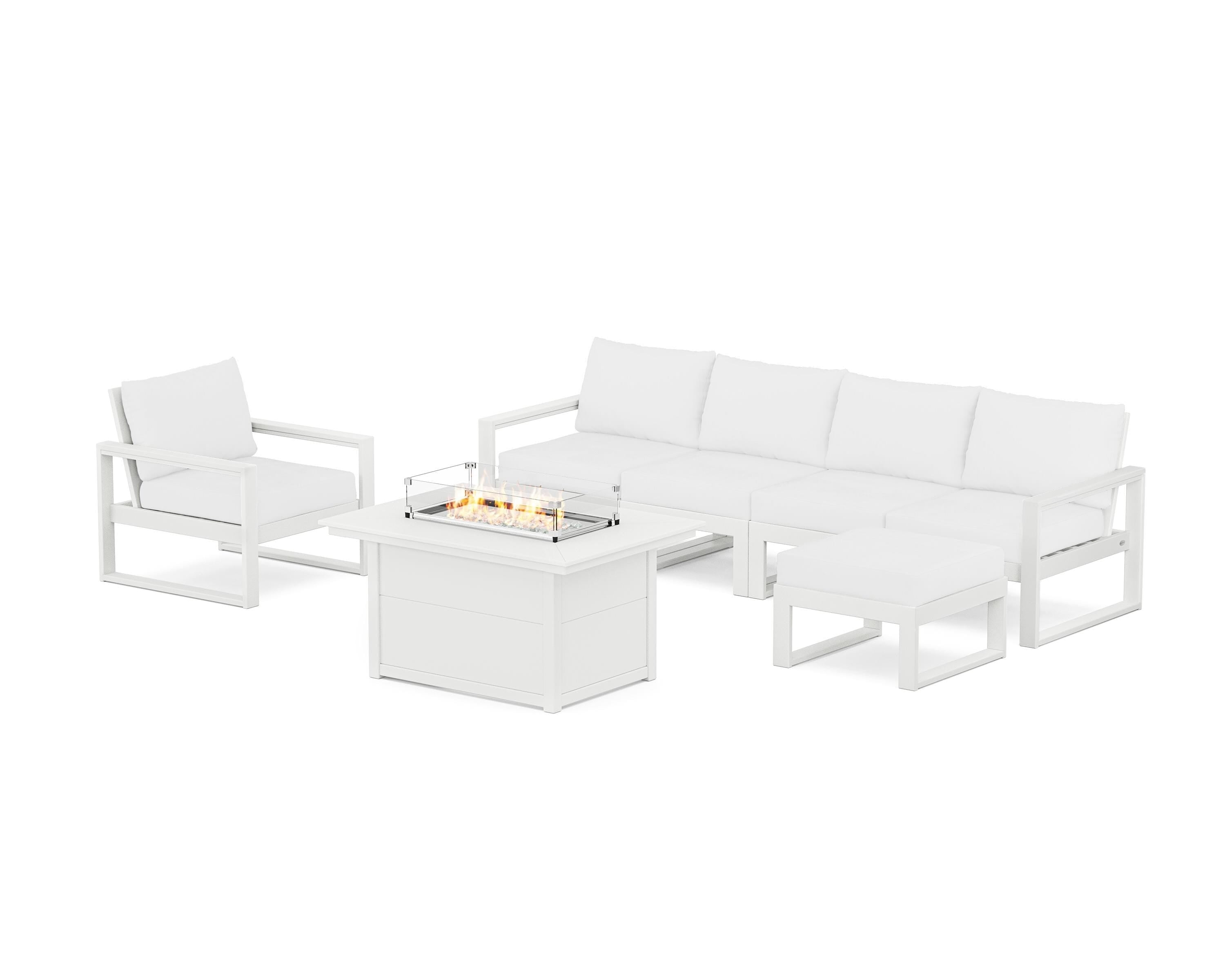 POLYWOOD EDGE Sectional Lounge and Fire Pit Set in White / Natural