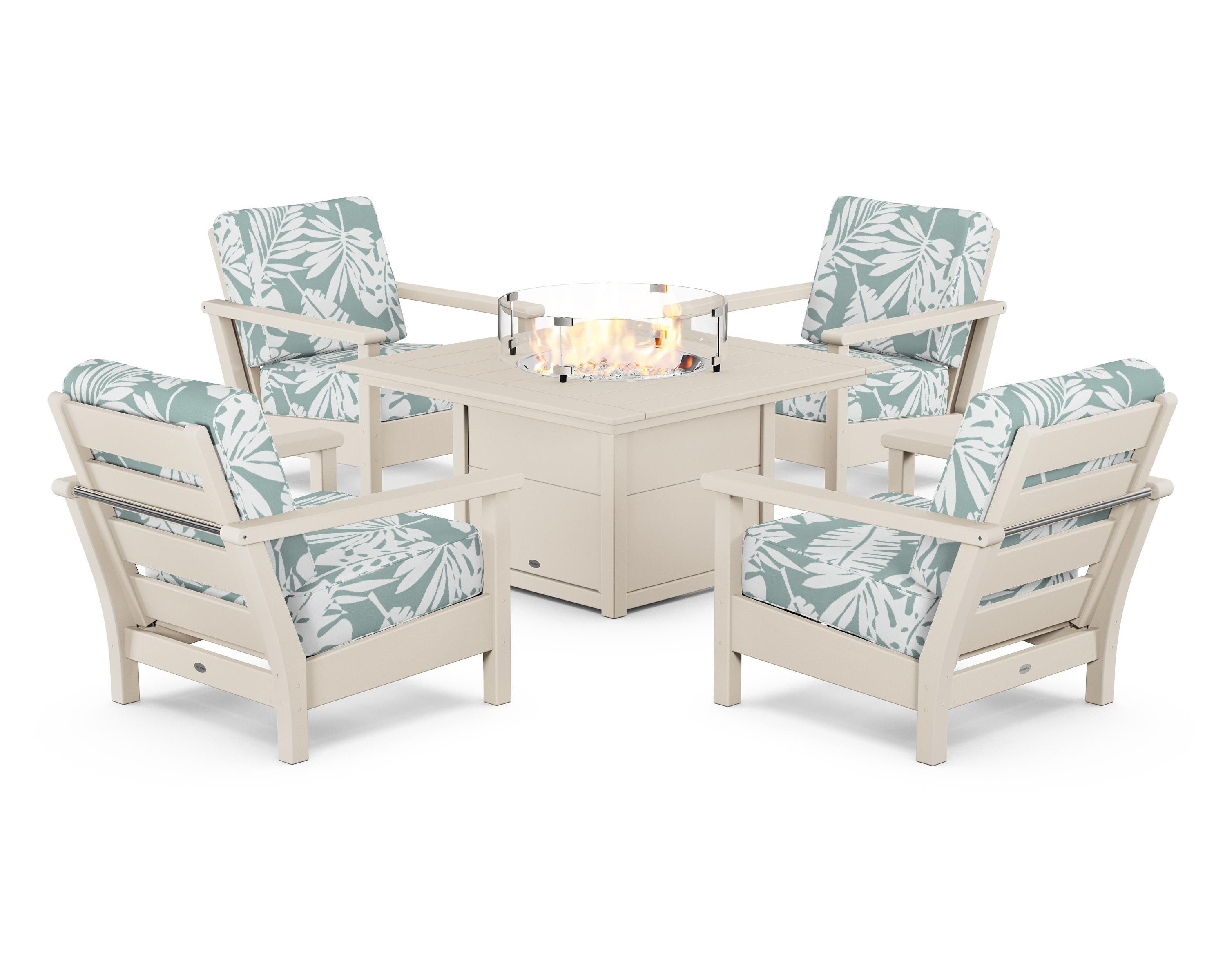 POLYWOOD Harbour 5-Piece Conversation Set with Fire Pit Table in Sand / Leaf Glacier Spa