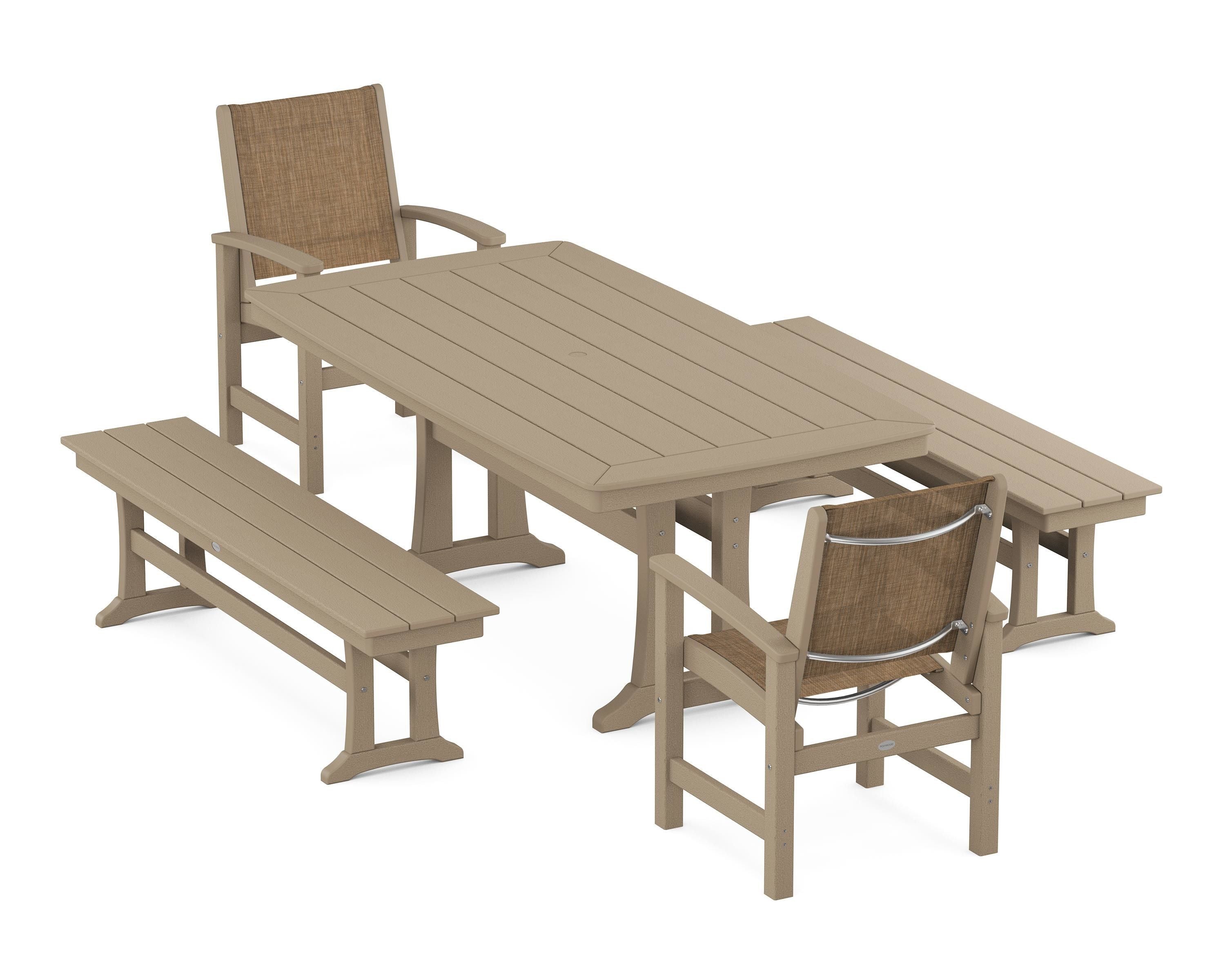POLYWOOD Coastal 5-Piece Dining Set with Trestle Legs and Benches in Vintage Sahara / Burlap Sling