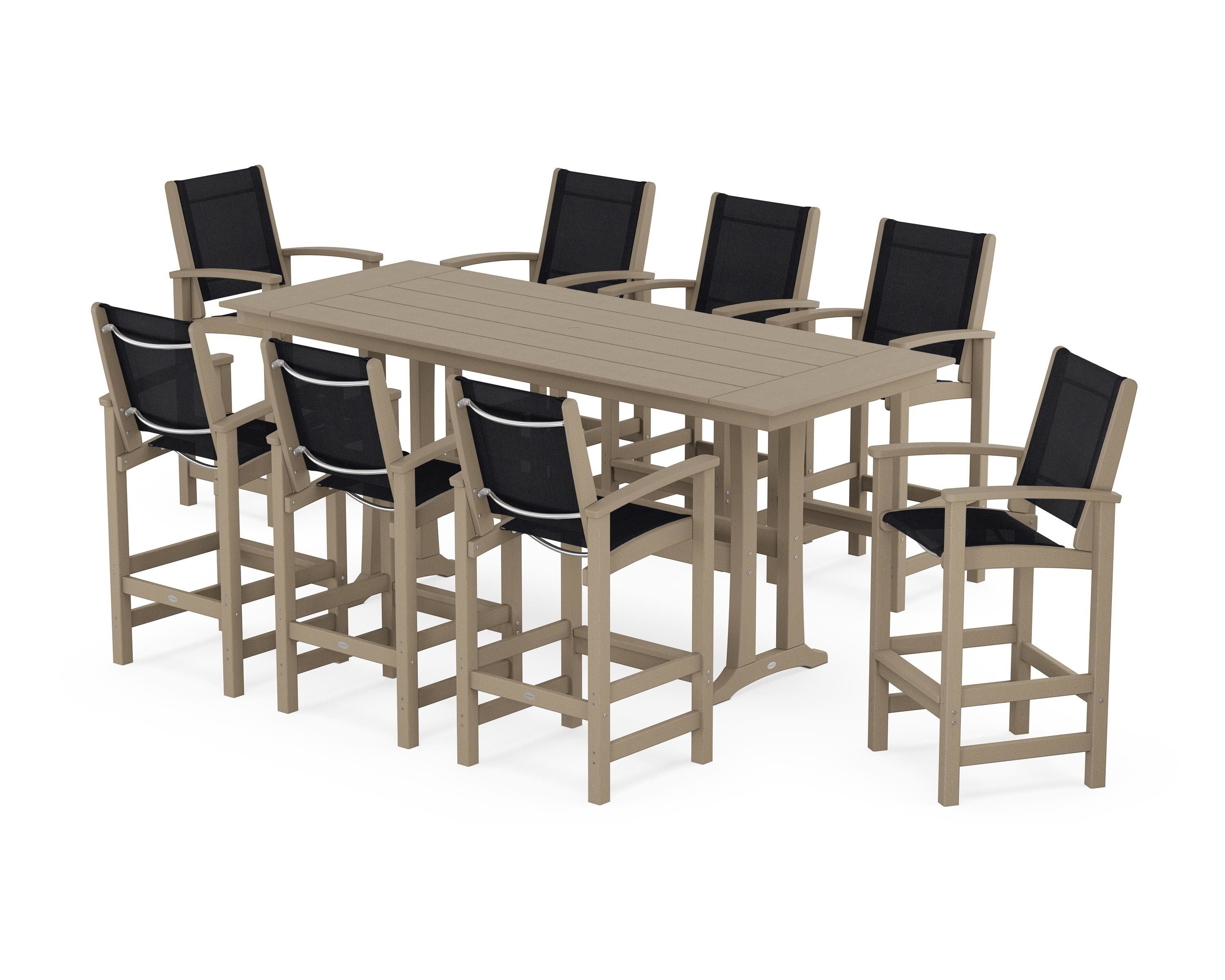 POLYWOOD Coastal 9-Piece Farmhouse Bar Set with Trestle Legs in Vintage Sahara / Black Sling
