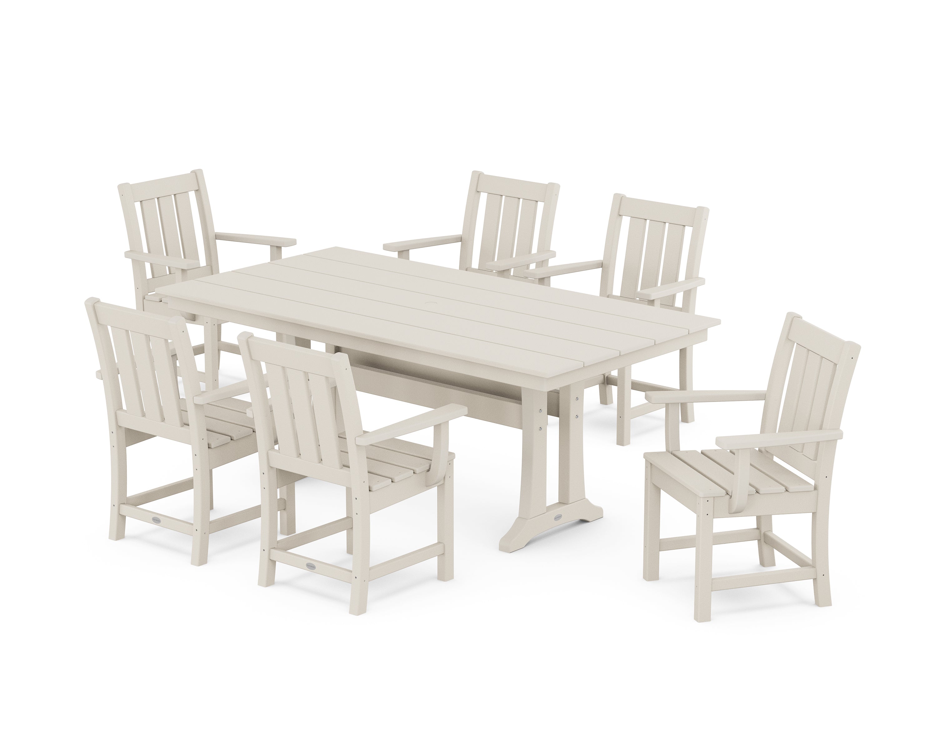 POLYWOOD Oxford Arm Chair 7-Piece Farmhouse Dining Set with Trestle Legs in Sand