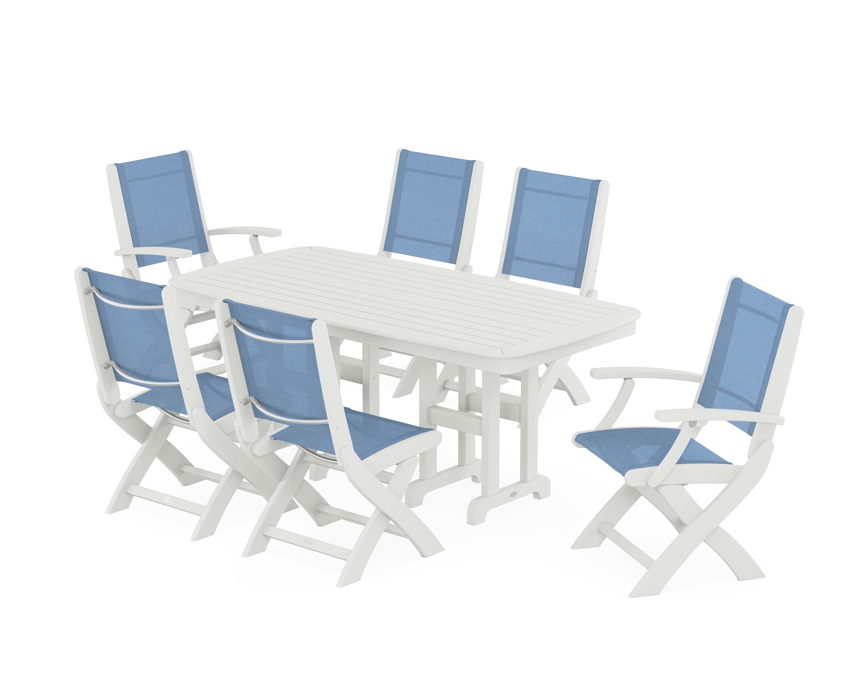 POLYWOOD Coastal Folding Chair 7-Piece Dining Set in Vintage White / Poolside Sling