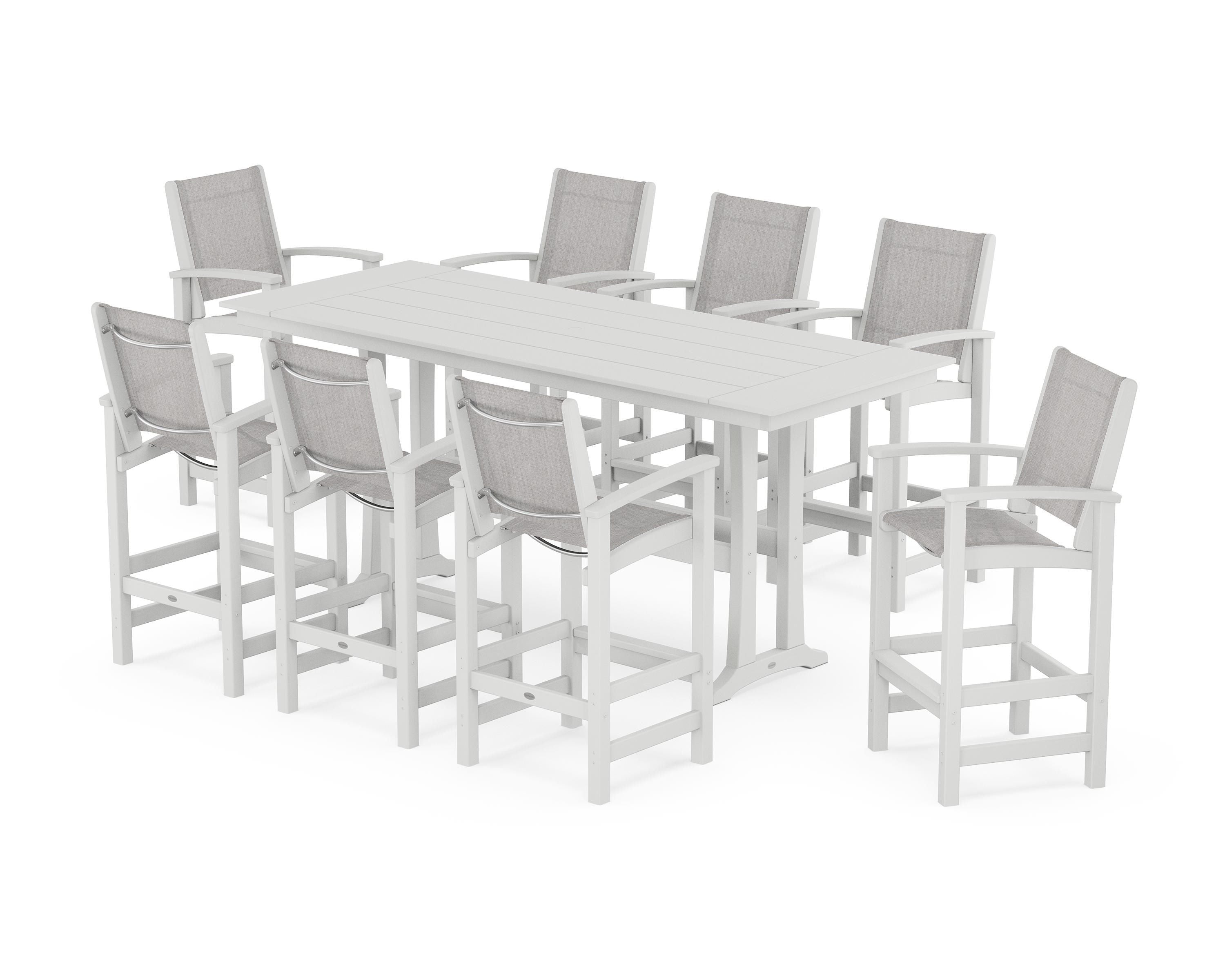 POLYWOOD Coastal 9-Piece Farmhouse Bar Set with Trestle Legs in White / Parchment Sling