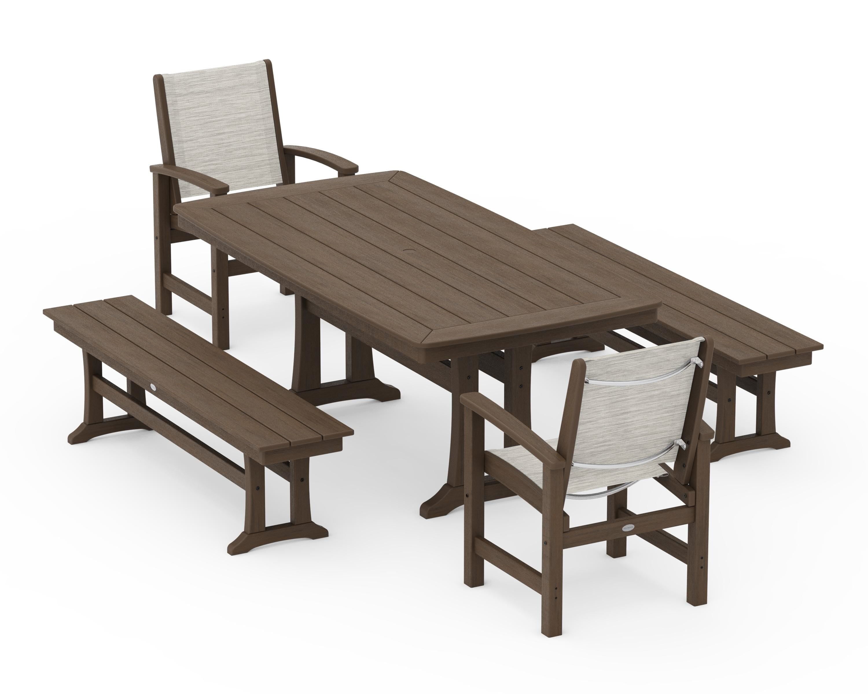POLYWOOD Coastal 5-Piece Dining Set with Trestle Legs and Benches in Kona / Birch Sling