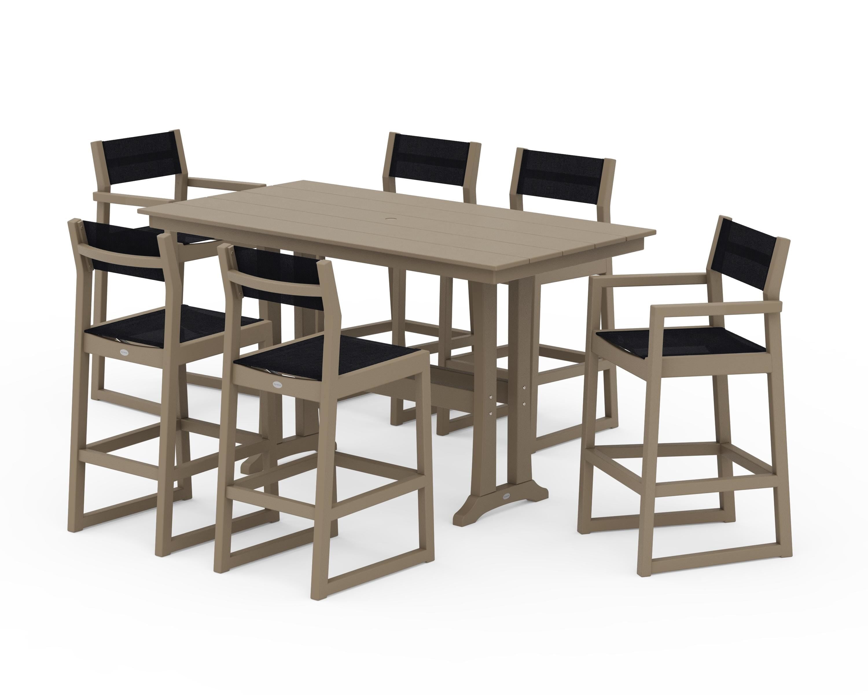 POLYWOOD EDGE Sling 7-Piece Farmhouse Bar Set with Trestle Legs in Vintage Sahara / Black Sling
