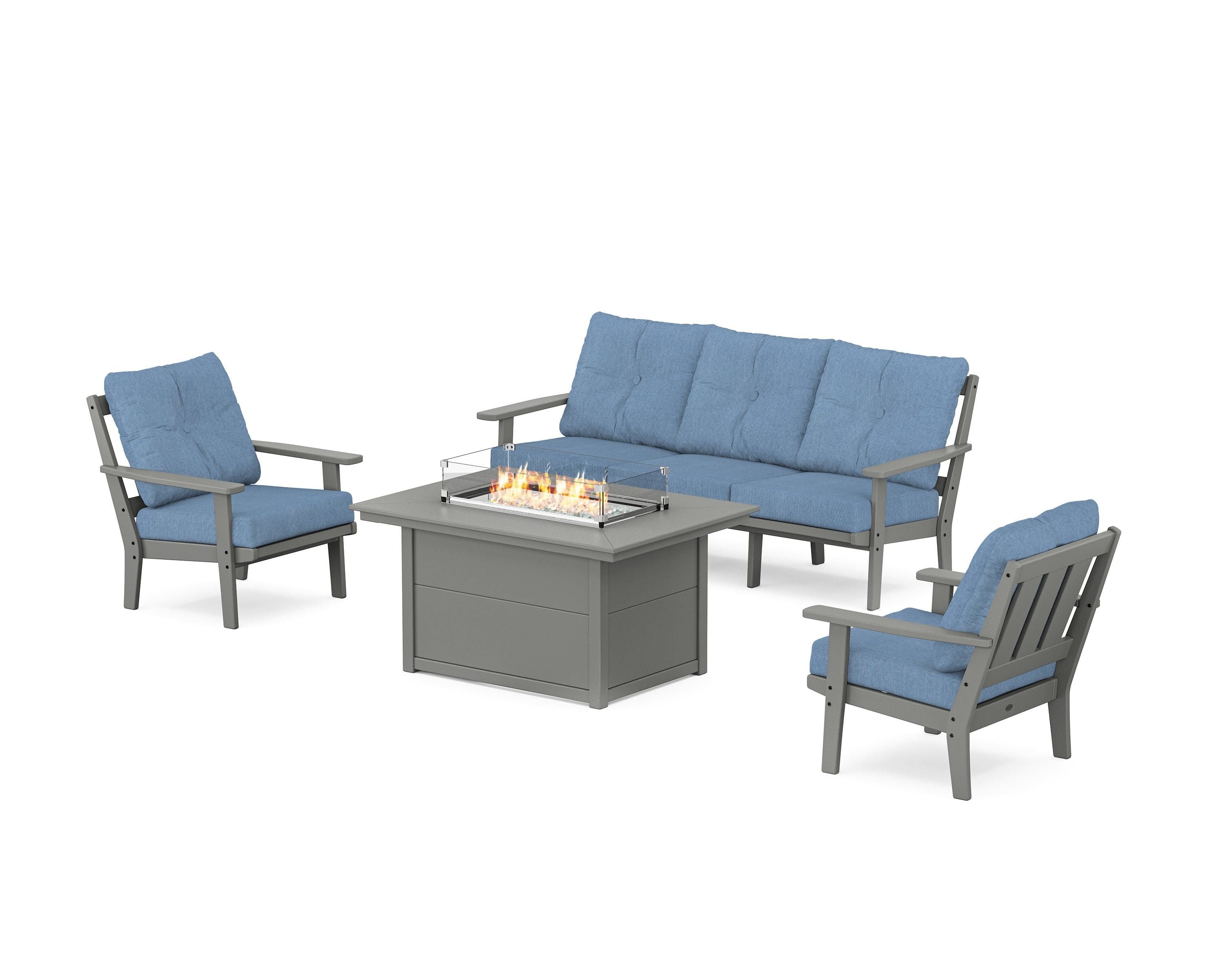 POLYWOOD Oxford Deep Seating Fire Pit Table Set in Slate Grey / Sky Blue