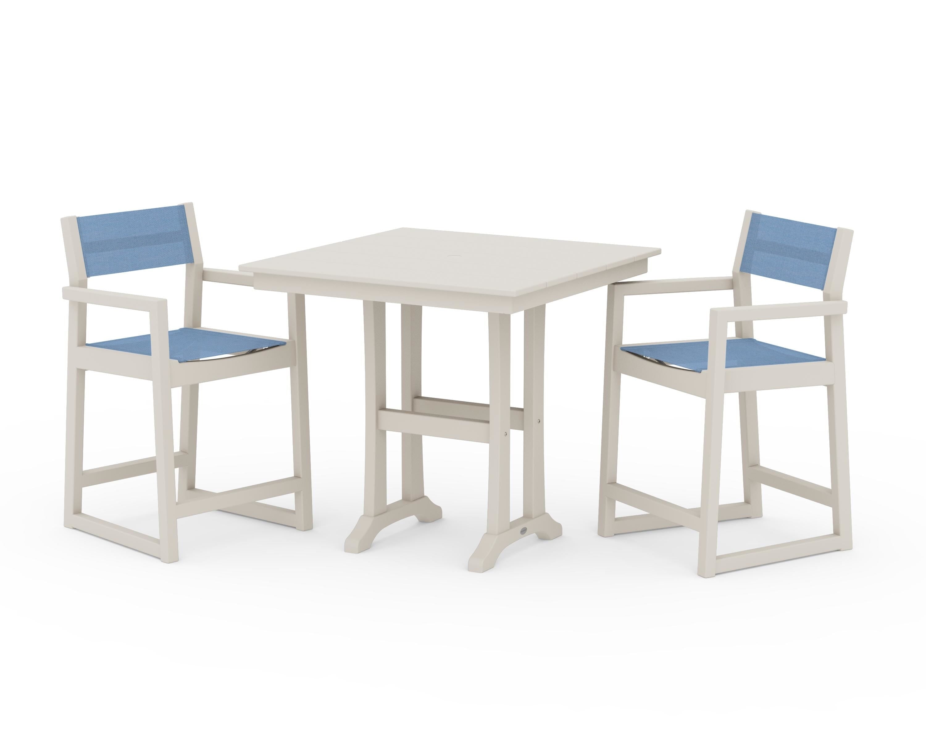 POLYWOOD EDGE Sling Arm Chair 3-Piece Farmhouse Counter Set with Trestle Legs in Sand / Poolside Sling