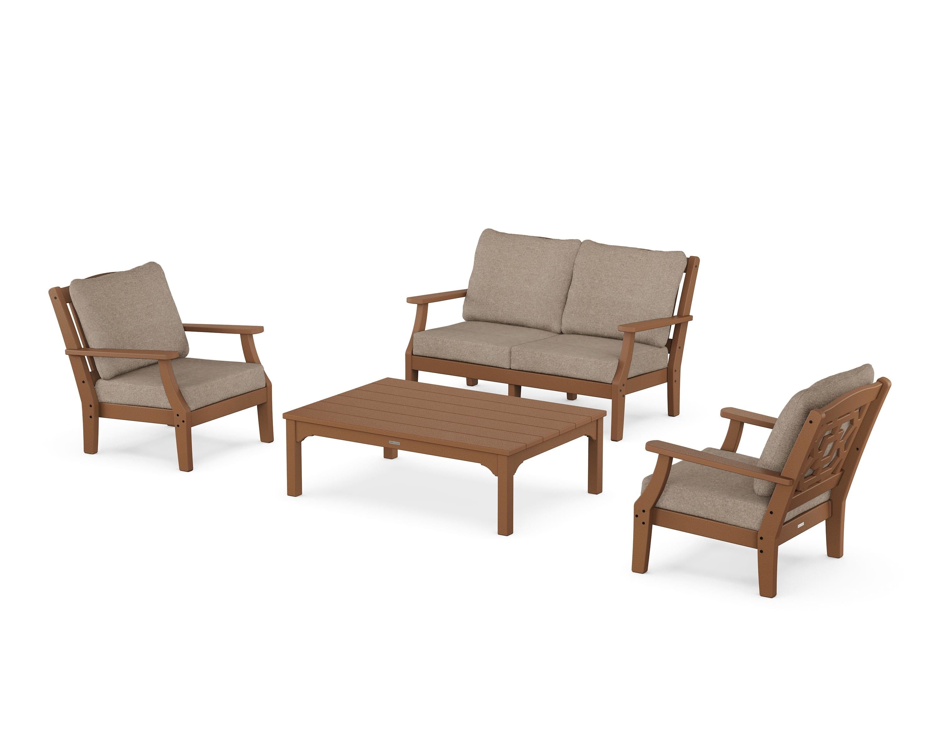 Martha Stewart by POLYWOOD Chinoiserie 4-Piece Deep Seating Set with Loveseat in Teak / Spiced Burlap