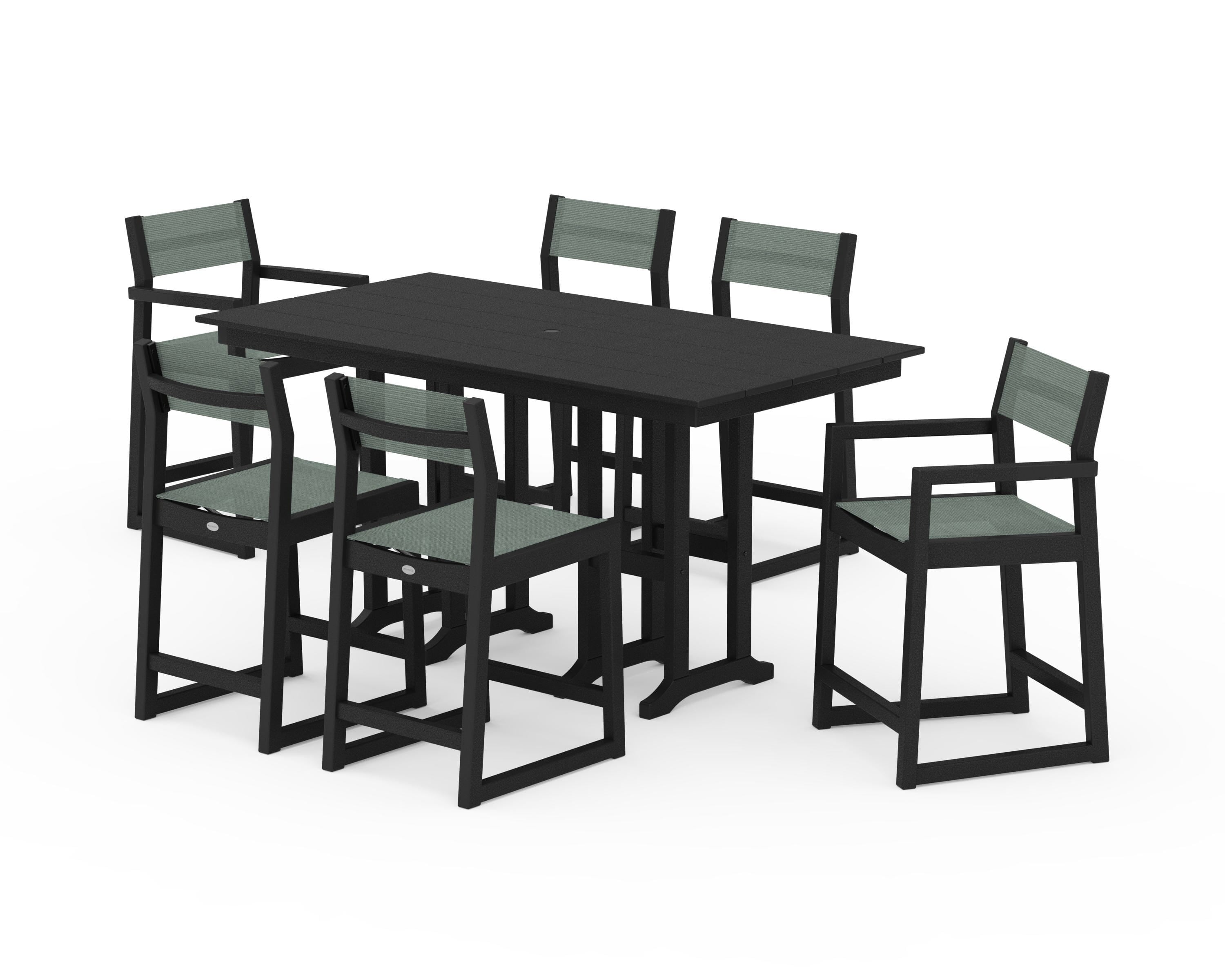 POLYWOOD EDGE Sling 7-Piece Farmhouse Counter Set with Trestle Legs in Black / Dupioni Sea Mist Sling