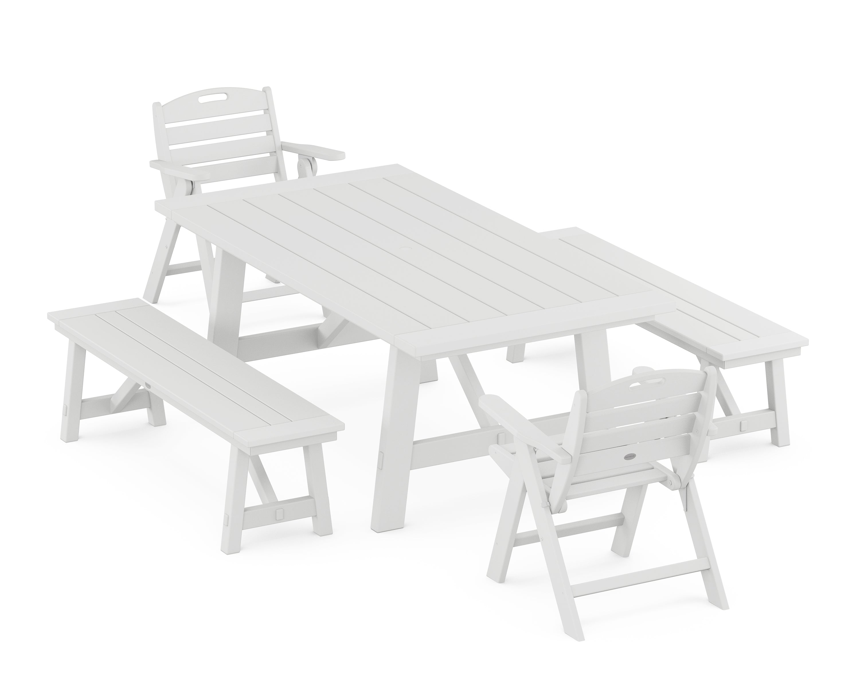 POLYWOOD Nautical Folding Lowback Chair 5-Piece Rustic Farmhouse Dining Set With Benches in White