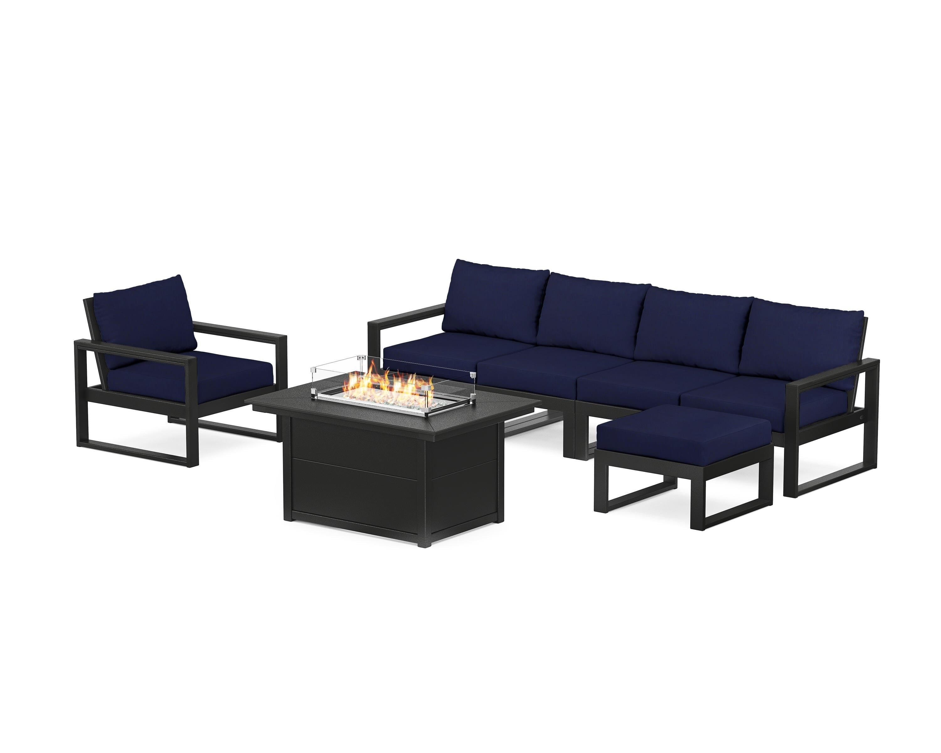 POLYWOOD EDGE Sectional Lounge and Fire Pit Set in Black / Navy