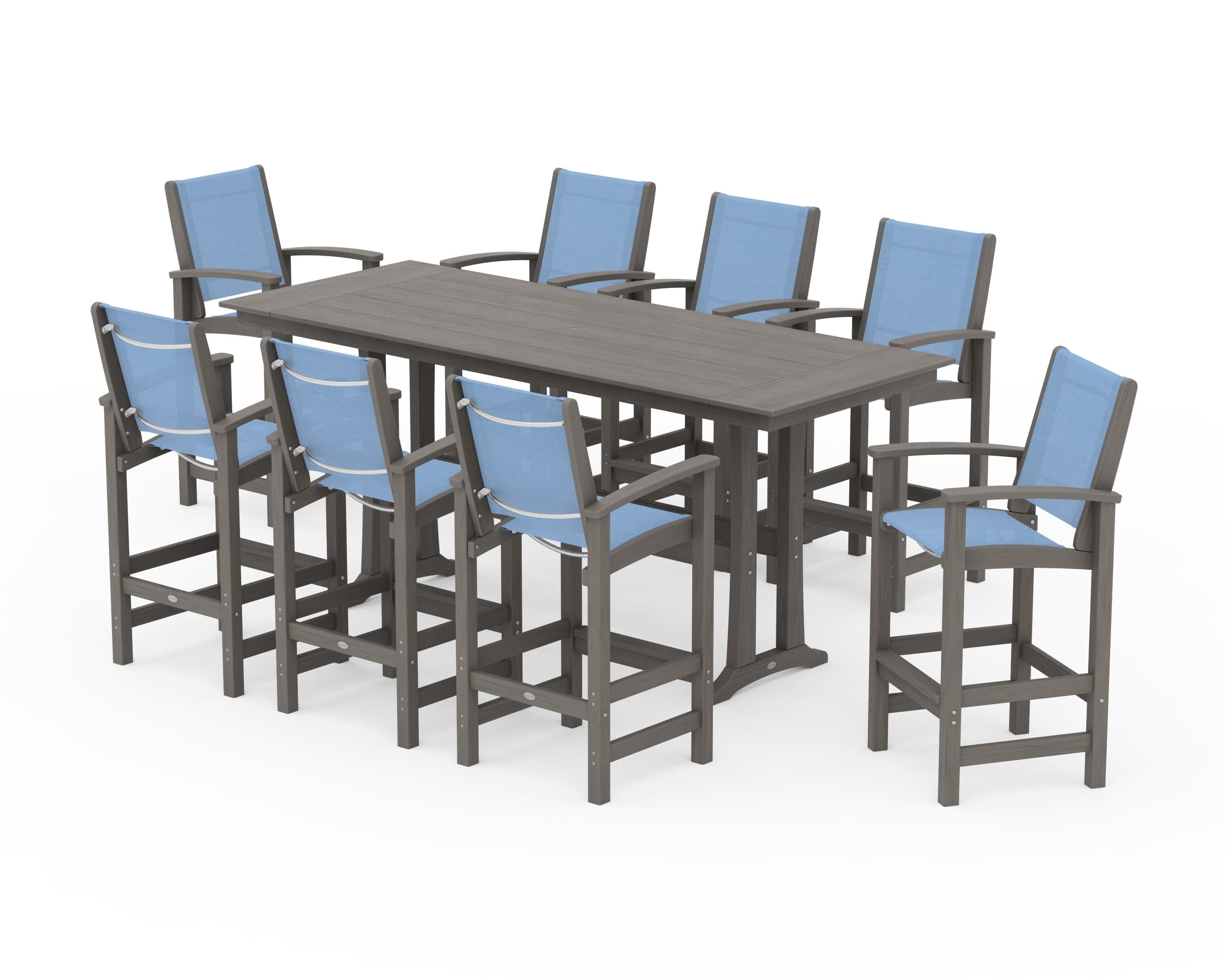 POLYWOOD Coastal 9-Piece Farmhouse Bar Set with Trestle Legs in Driftwood / Poolside Sling