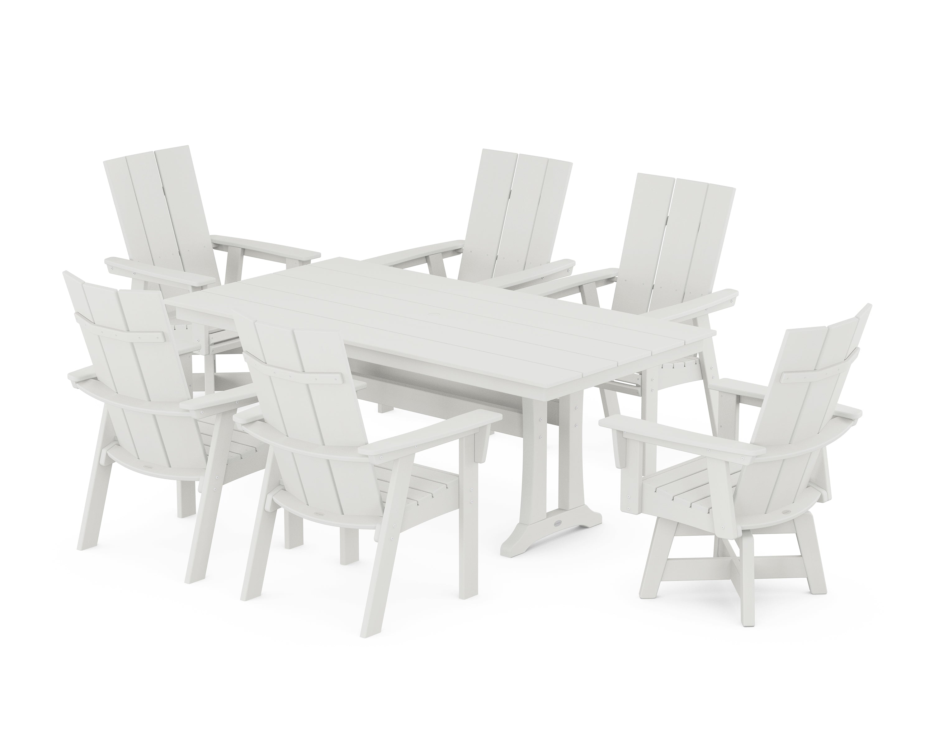 POLYWOOD® Modern Curveback Adirondack Swivel Chair 7-Piece Farmhouse Dining Set With Trestle Legs in Vintage White