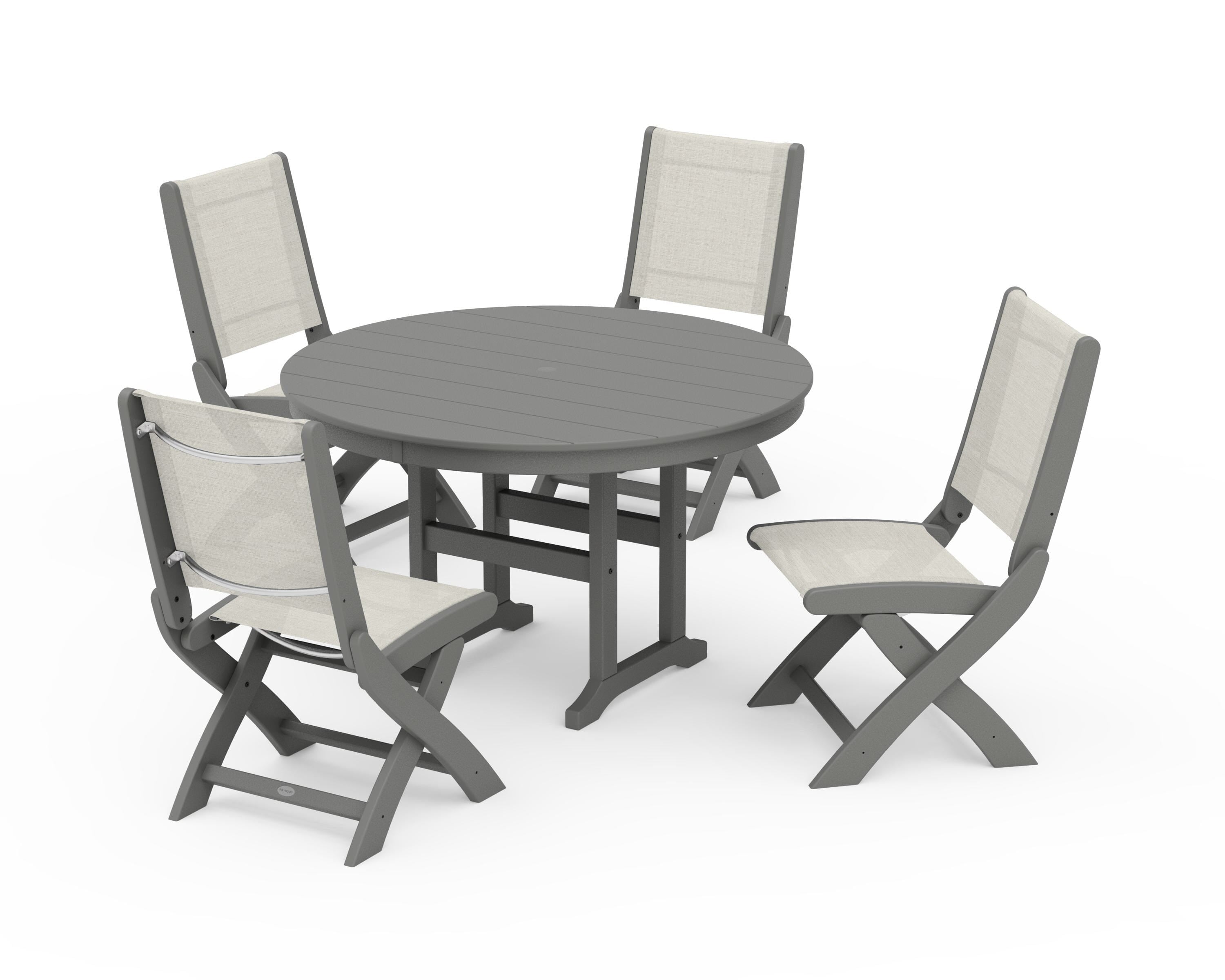 POLYWOOD Coastal Folding Side Chair 5-Piece Round Dining Set in Slate Grey / Parchment Sling