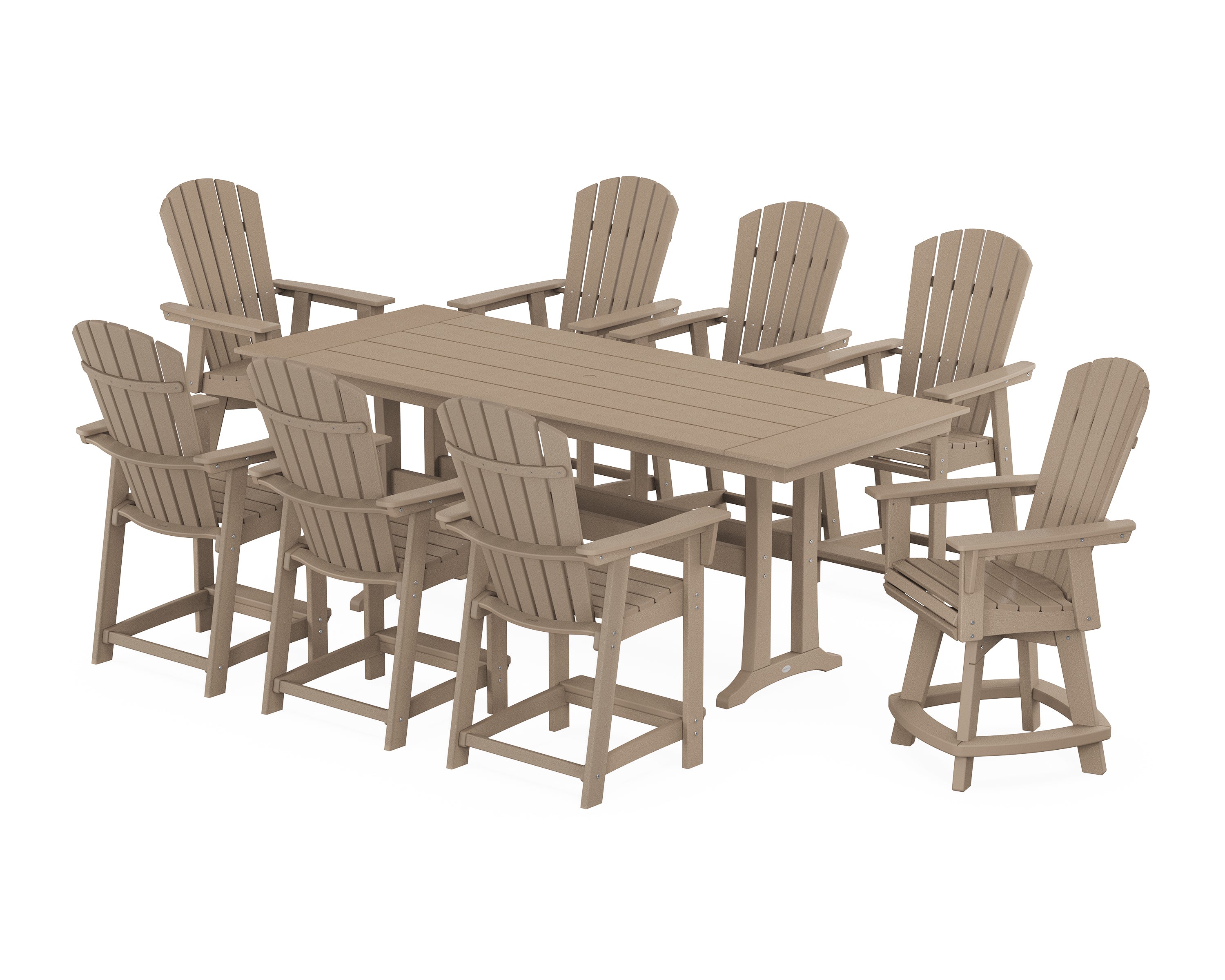POLYWOOD® Nautical Curveback Adirondack Swivel 9-Piece Farmhouse Swivel Counter Set with Trestle Legs in Vintage Sahara