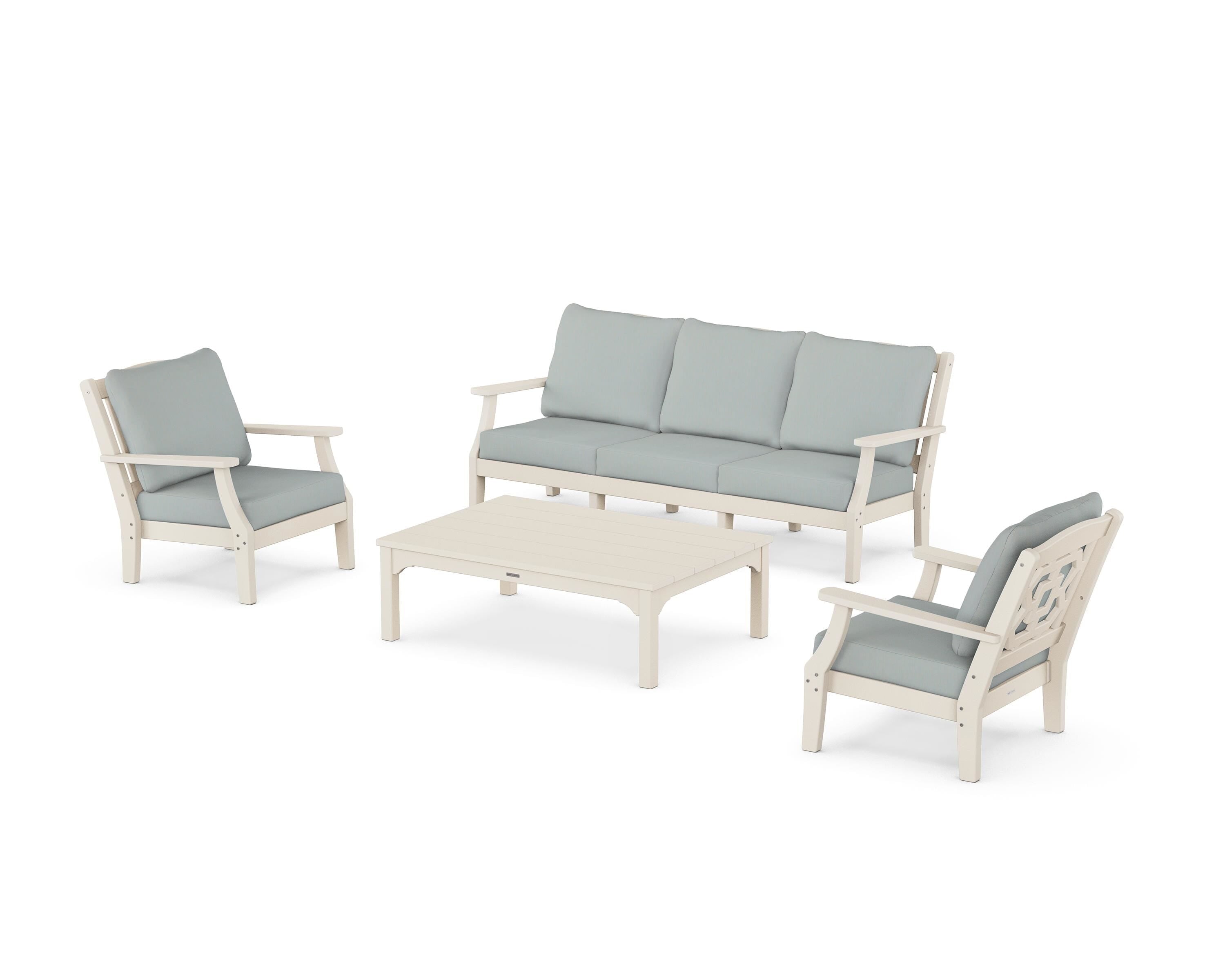 Martha Stewart by POLYWOOD Chinoiserie 4-Piece Deep Seating Set with Sofa in Sand / Spa