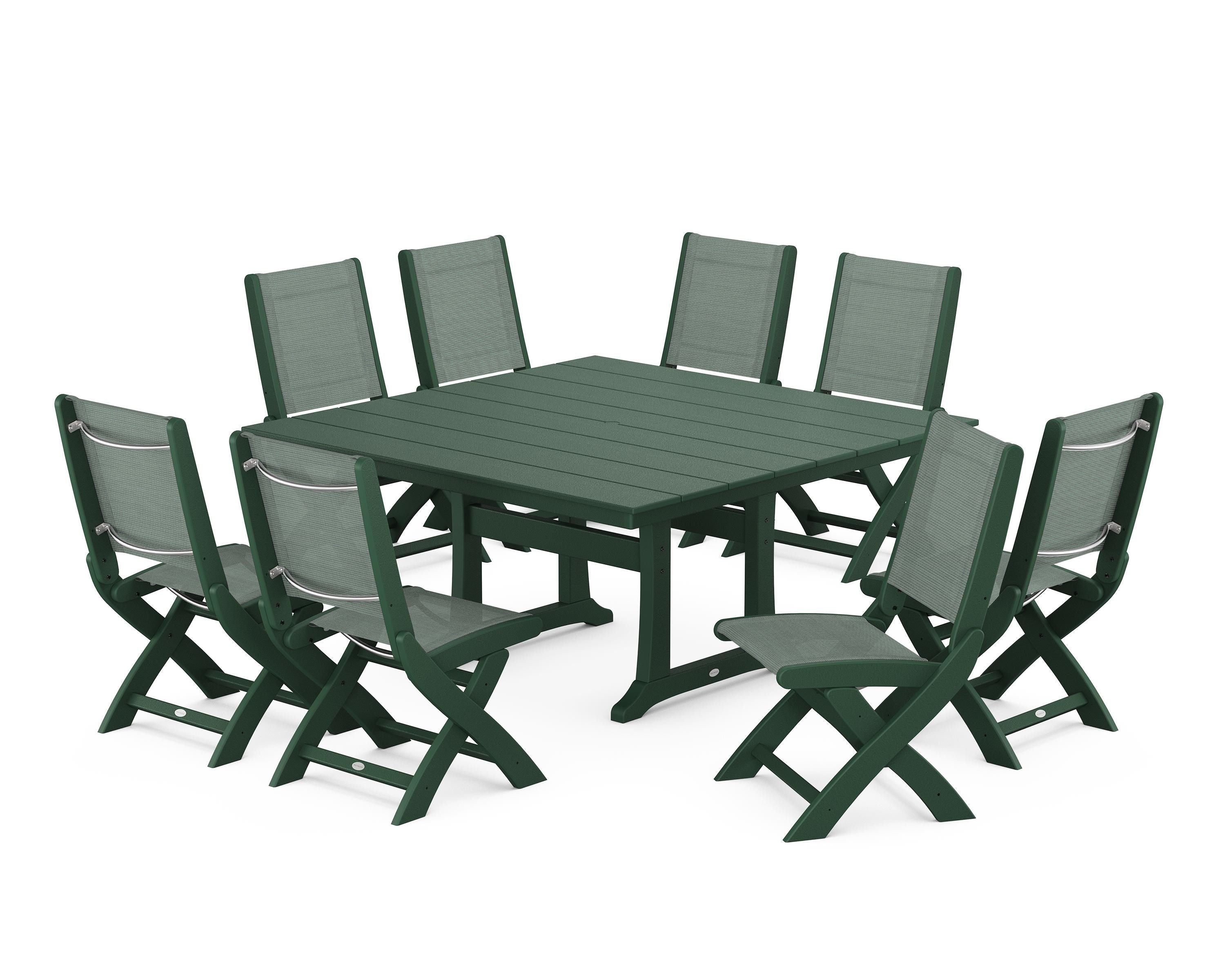 POLYWOOD Coastal Folding Side Chair 9-Piece Farmhouse Dining Set in Green / Dupioni Sea Mist Sling
